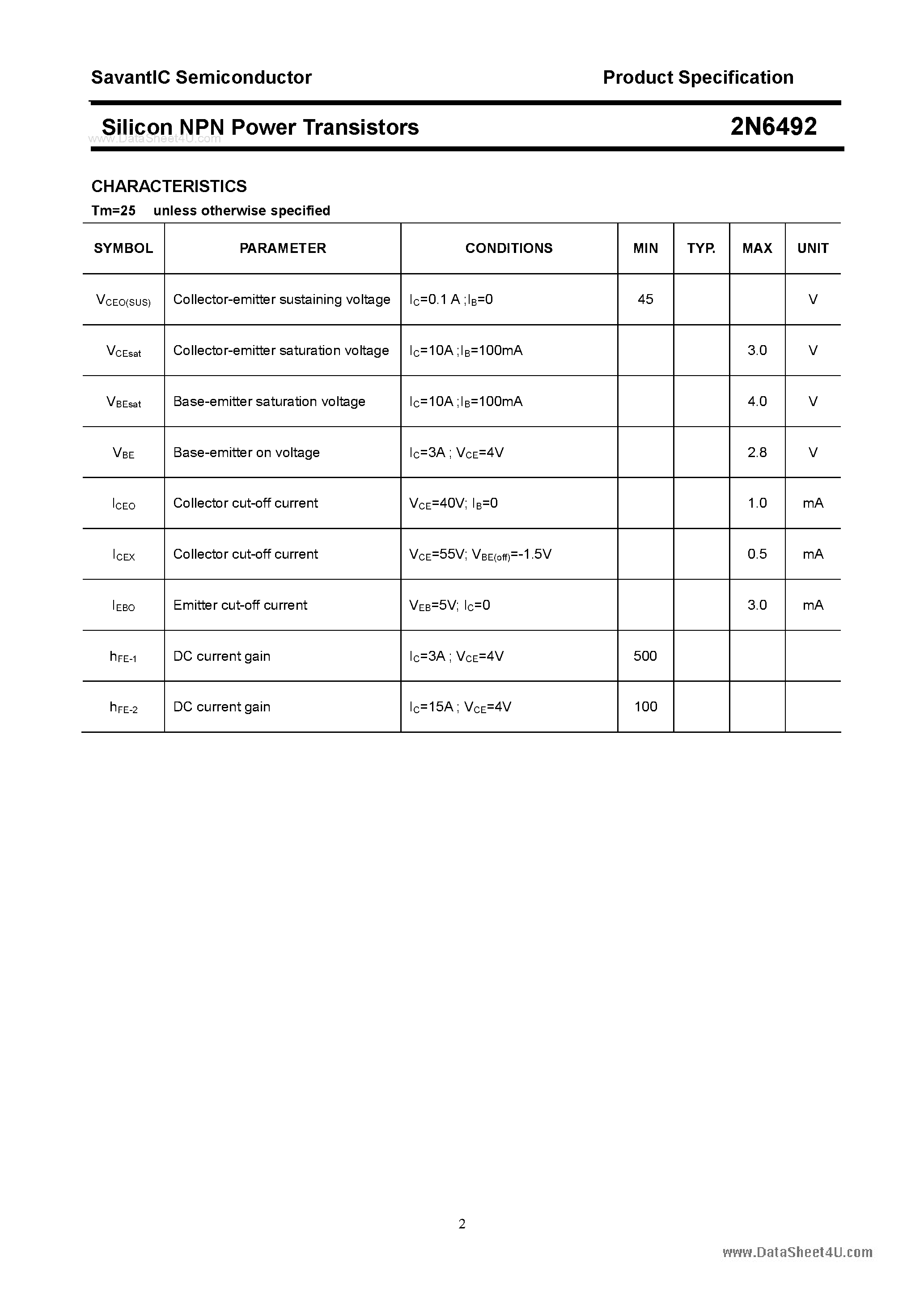 Datasheet 2N6492 - Silicon Power Transistor page 2
