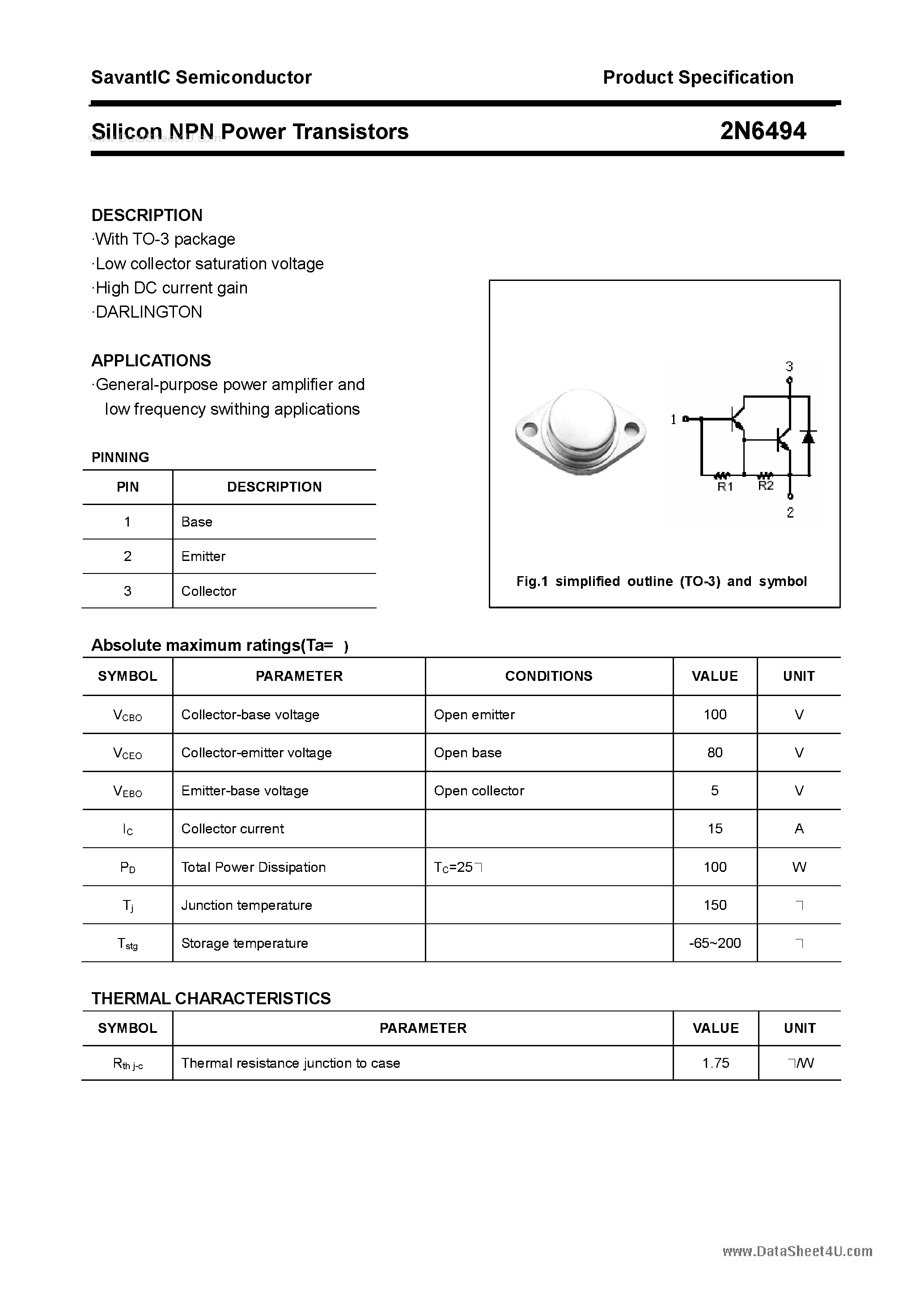 Datasheet 2N6494 - Silicon Power Transistor page 1