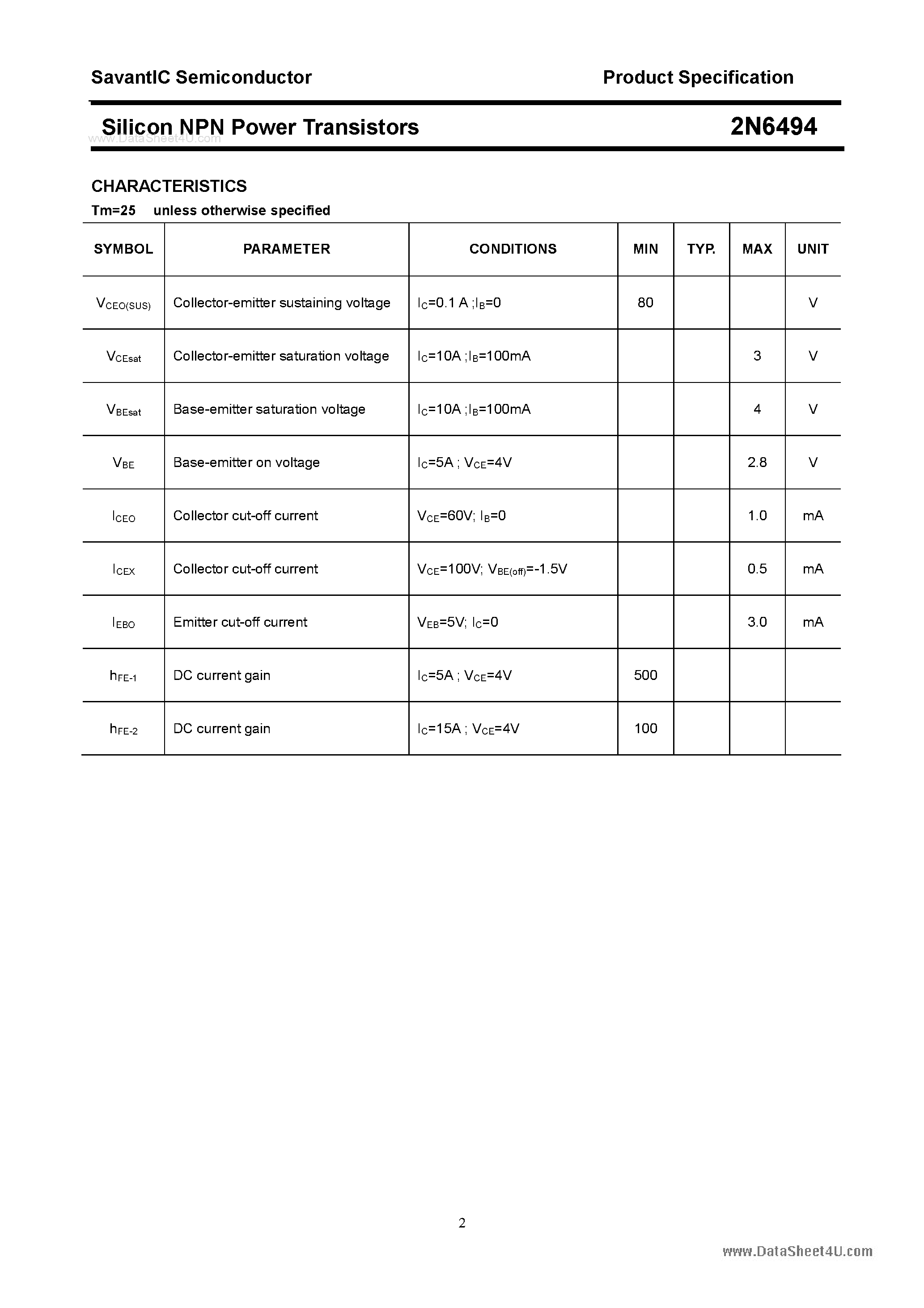 Datasheet 2N6494 - Silicon Power Transistor page 2