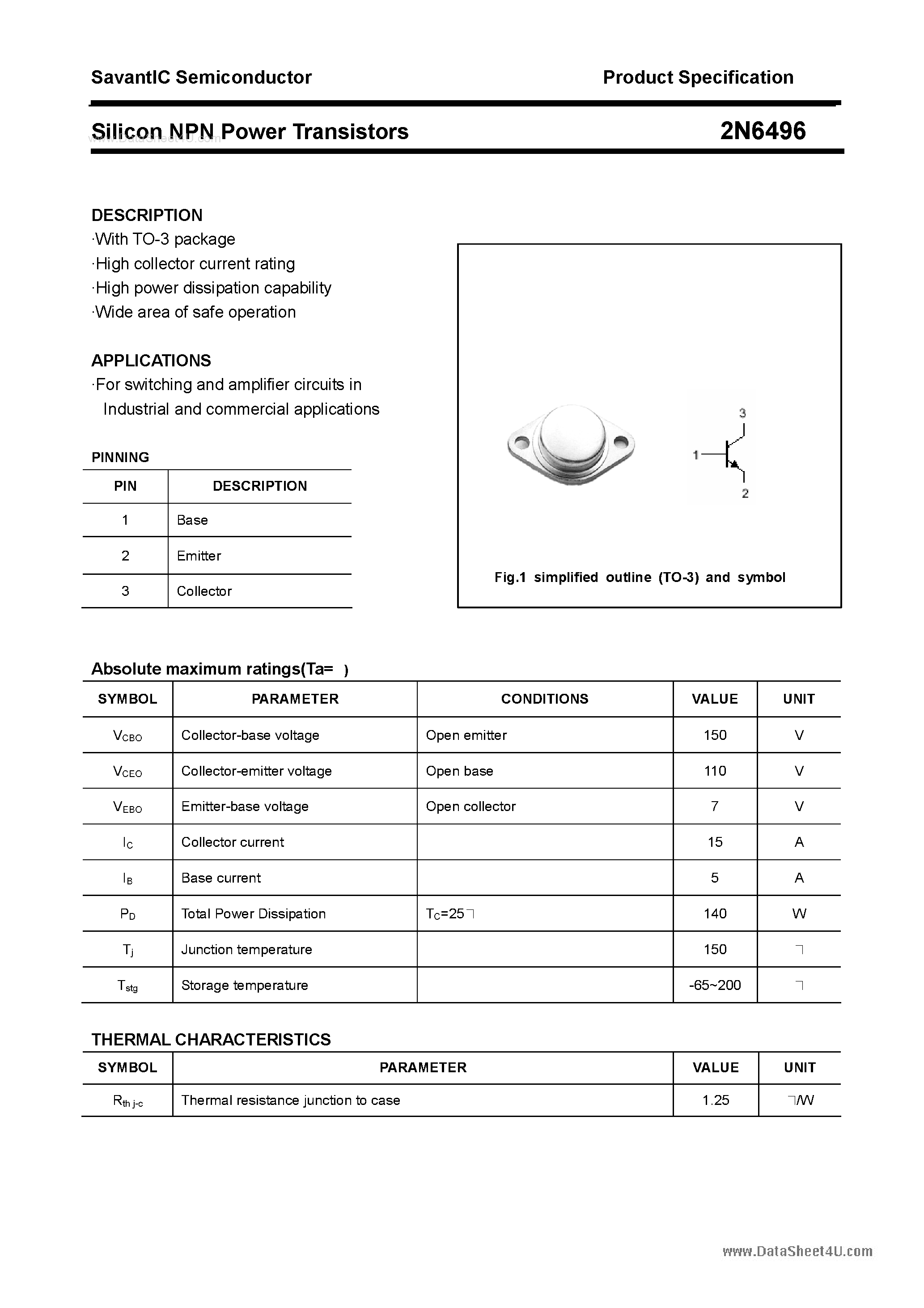 Datasheet 2N6496 - Silicon Power Transistor page 1