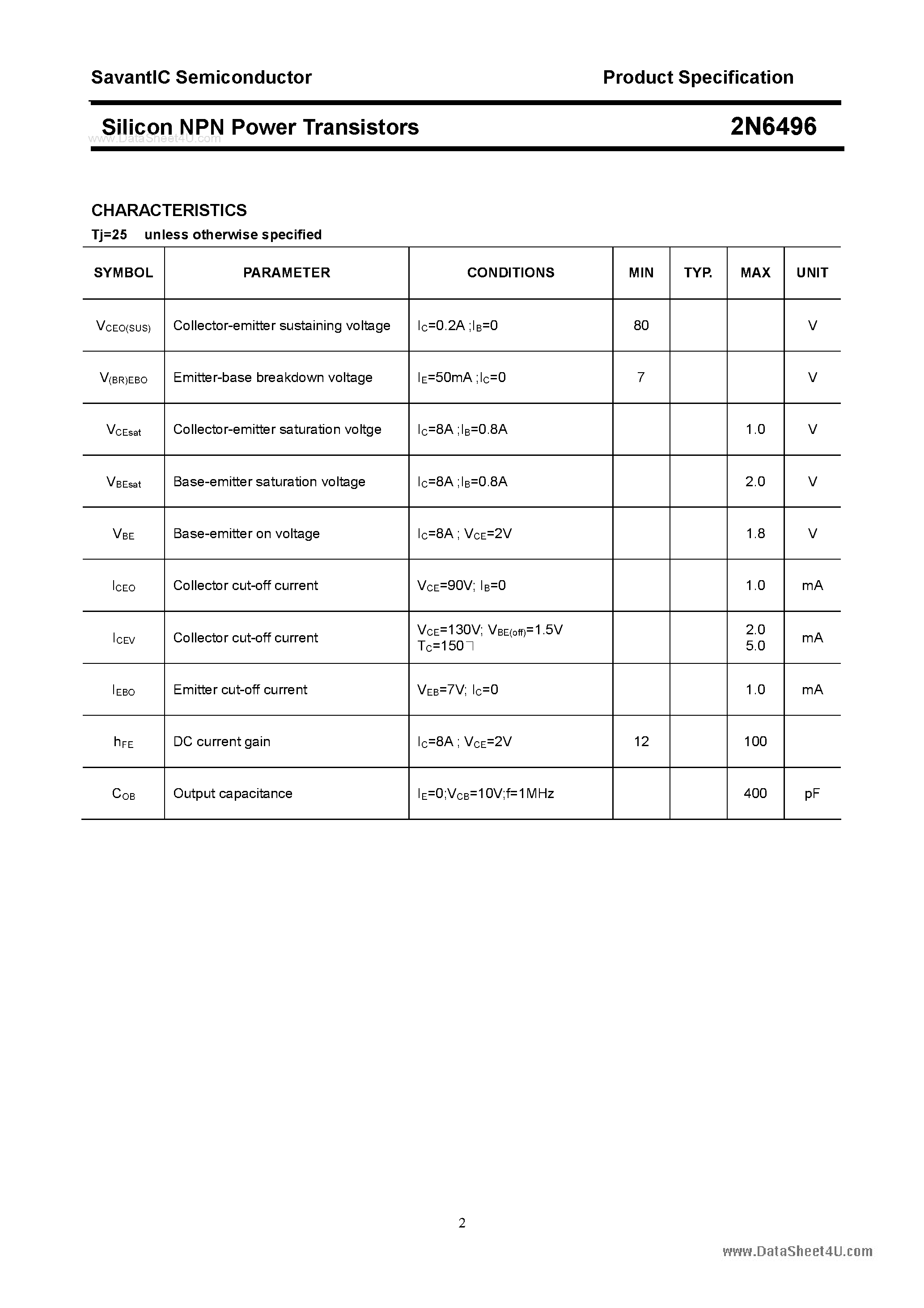 Datasheet 2N6496 - Silicon Power Transistor page 2