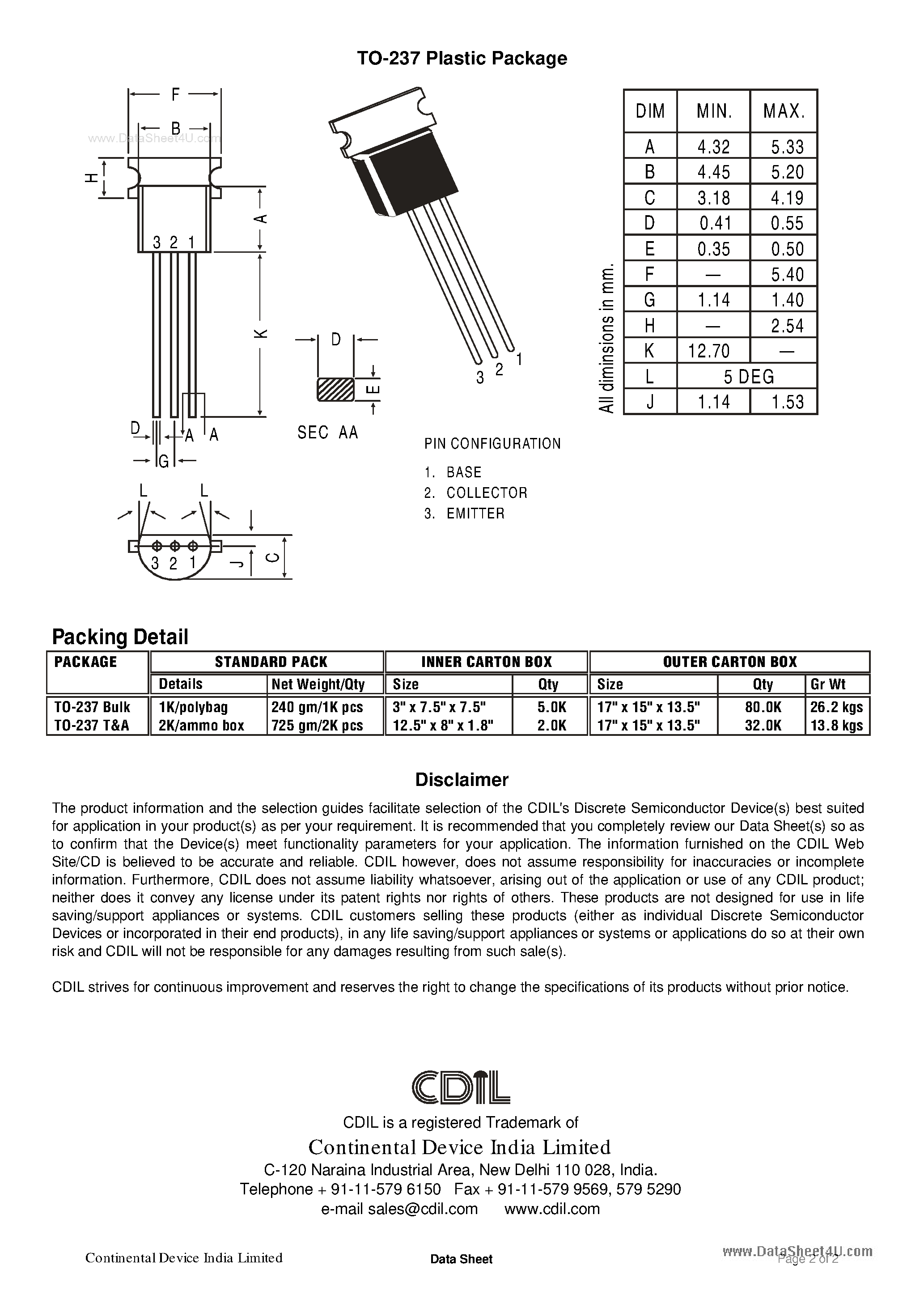 Даташит CSA1013 - PNP/NPN COMPLEMENTARY PLANAR SILICON TRANSISTORS страница 2