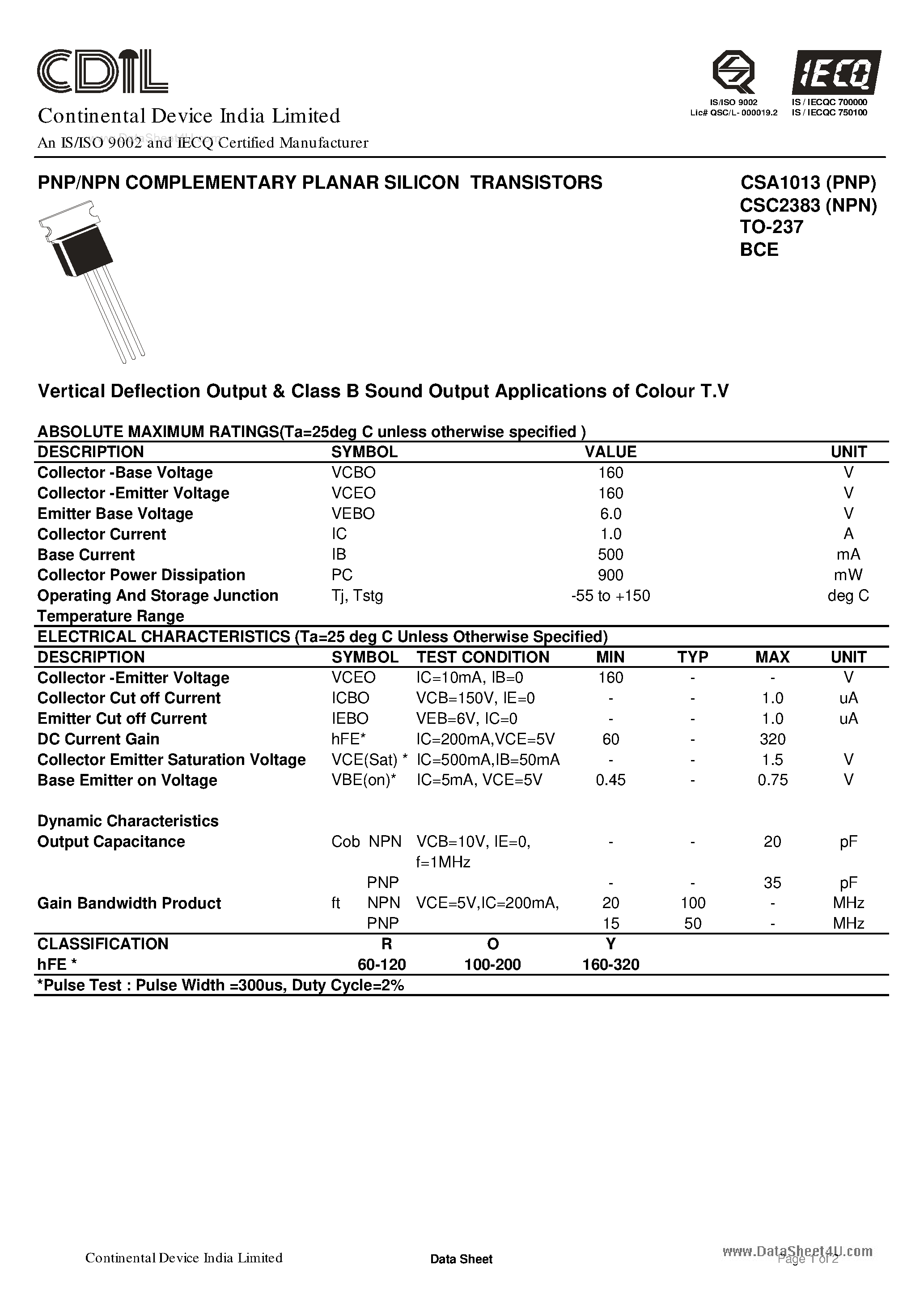 Даташит CSC2383 - PNP/NPN COMPLEMENTARY PLANAR SILICON TRANSISTORS страница 1