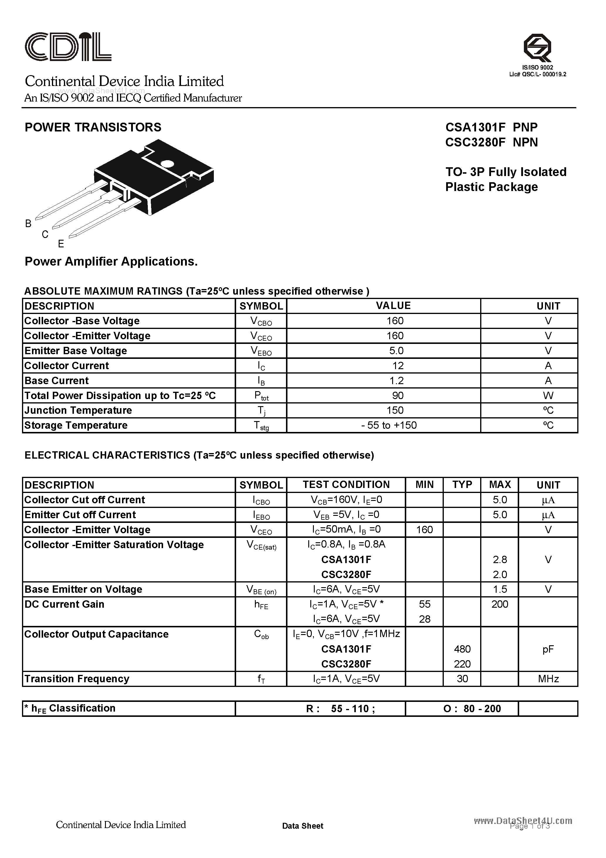 Даташит CSA1301F - POWER TRANSISTORS страница 1