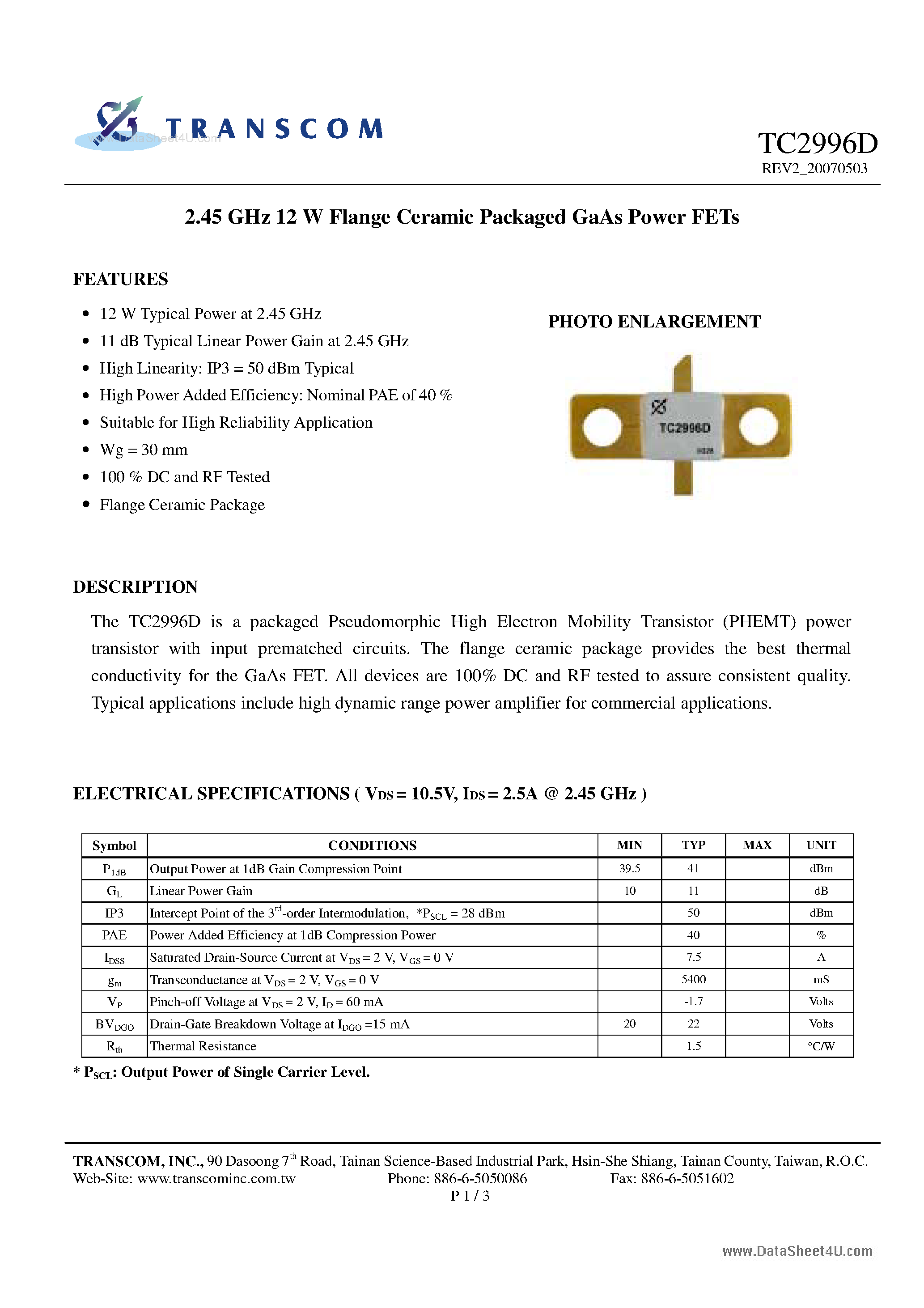 Datasheet TC2996D page 1 Datasheet TC2996D - 2.45 GHz 12 W Flange Ceramic Packaged GaAs Power FETs page 1