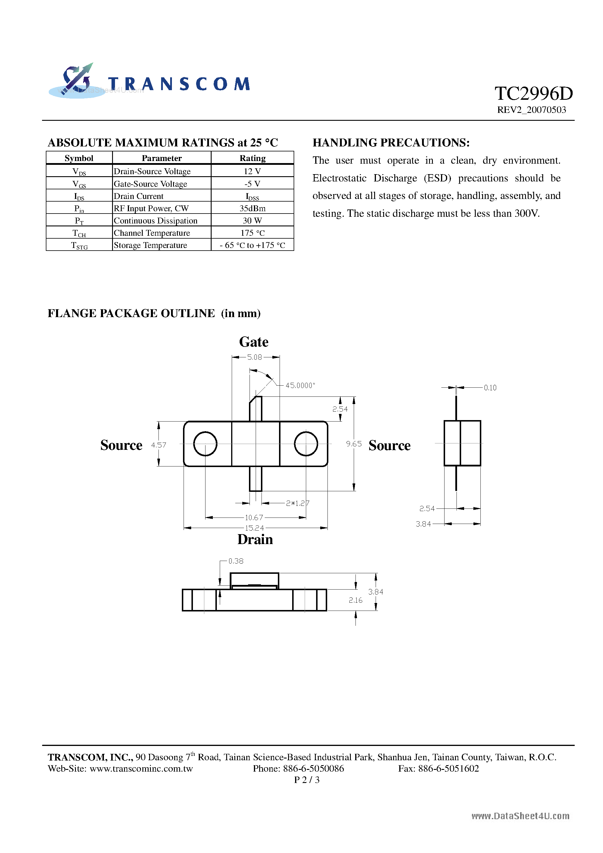 Datasheet TC2996D page 2 Datasheet TC2996D - 2.45 GHz 12 W Flange Ceramic Packaged GaAs Power FETs page 2