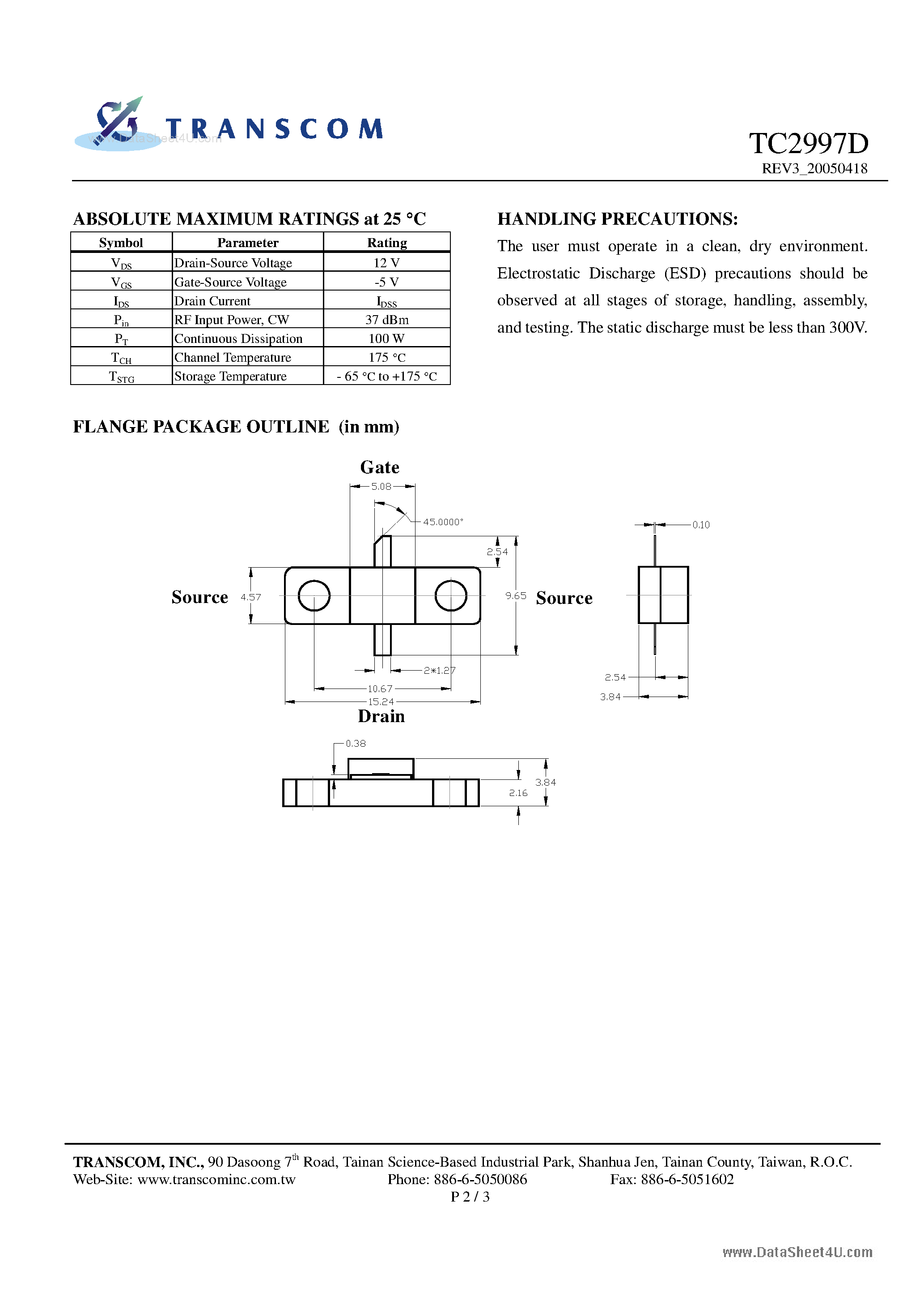 Datasheet TC2997D page 2 Datasheet TC2997D - 2.45 GHz 20 W Flange Ceramic Packaged GaAs Power FETs page 2