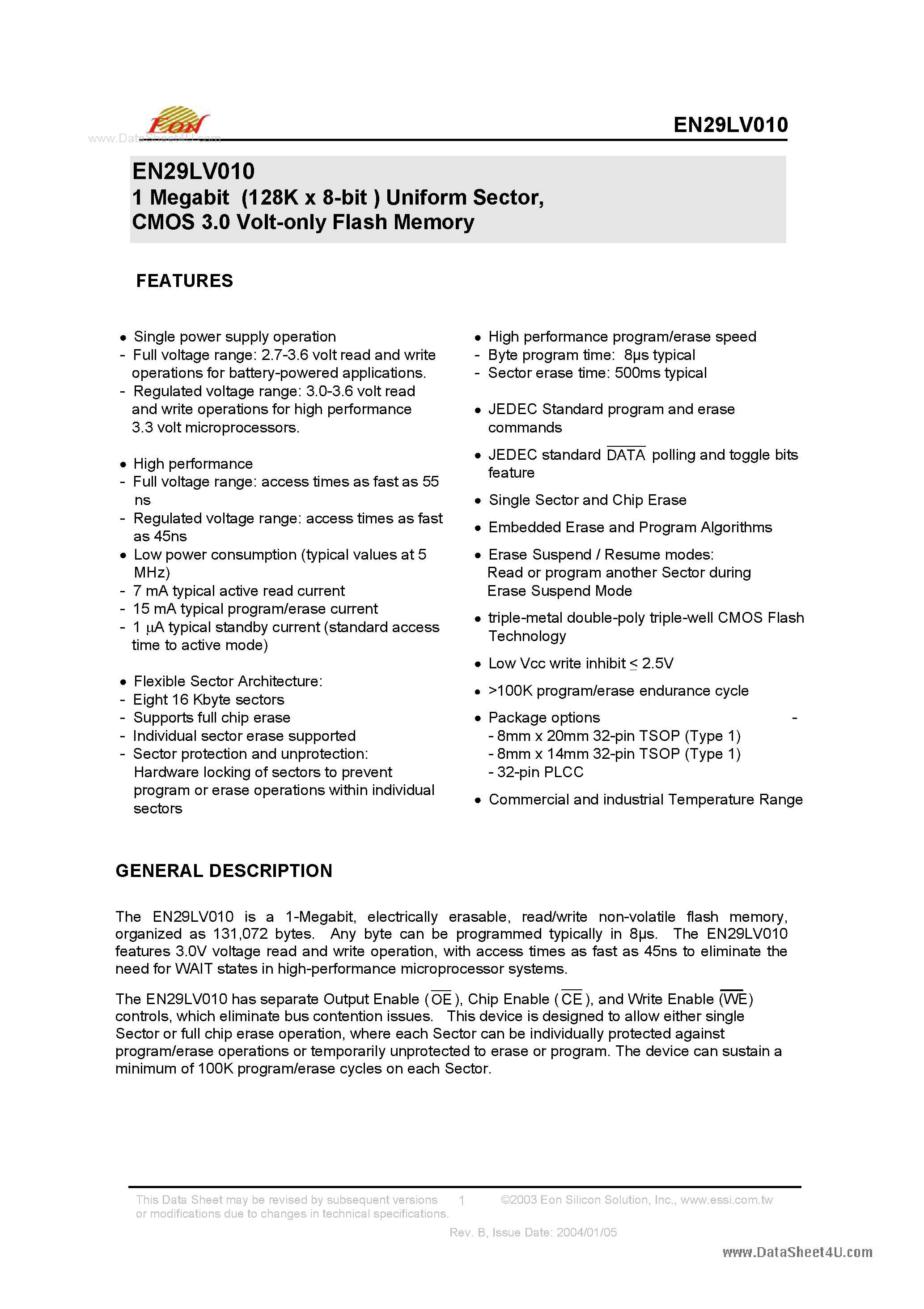 Datasheet EN29LV010 page 1 Datasheet EN29LV010 - CMOS 3.0 Volt-only Flash Memory page 1