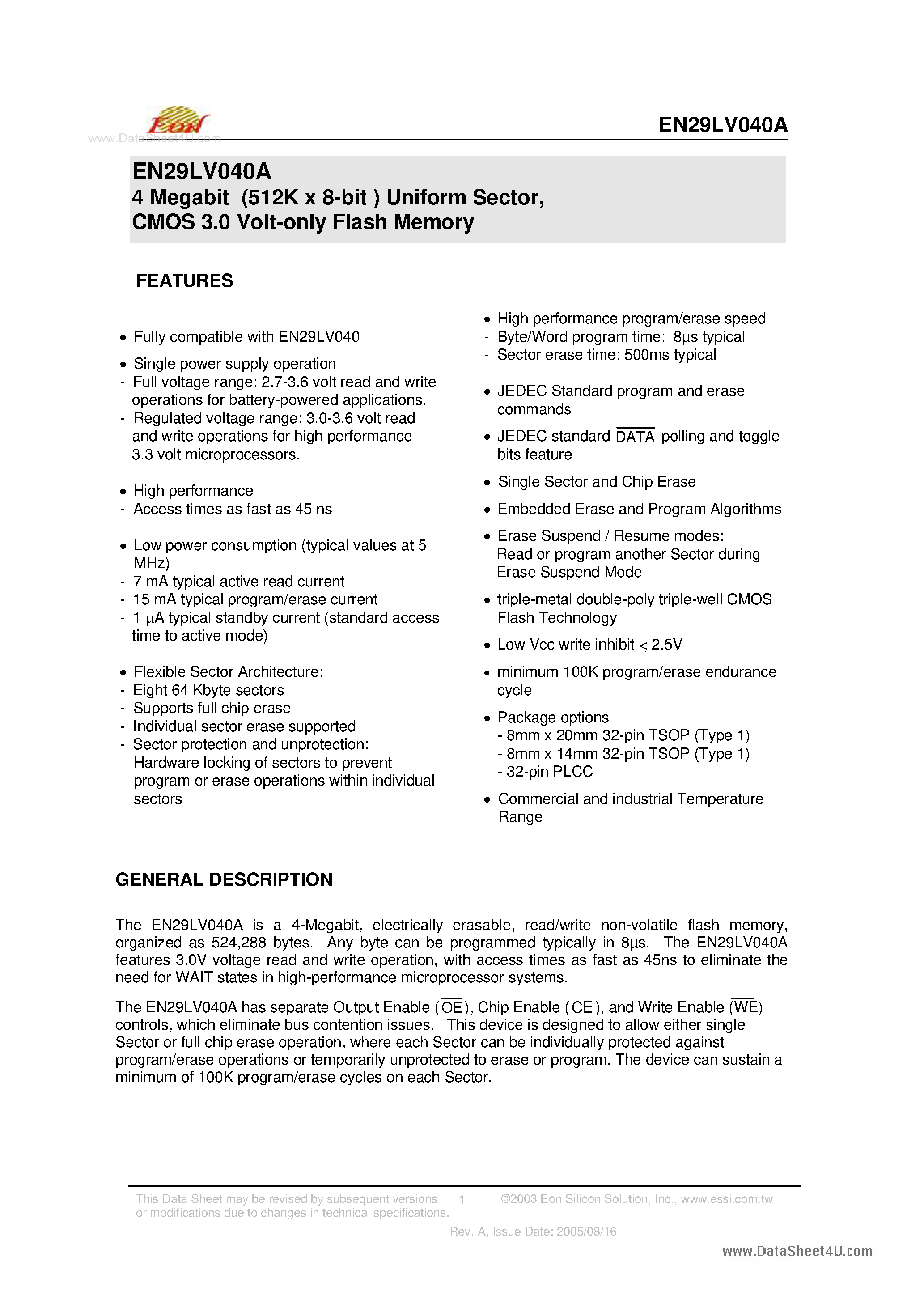 Datasheet EN29LV040A - CMOS 3.0 Volt-only Flash Memory page 1