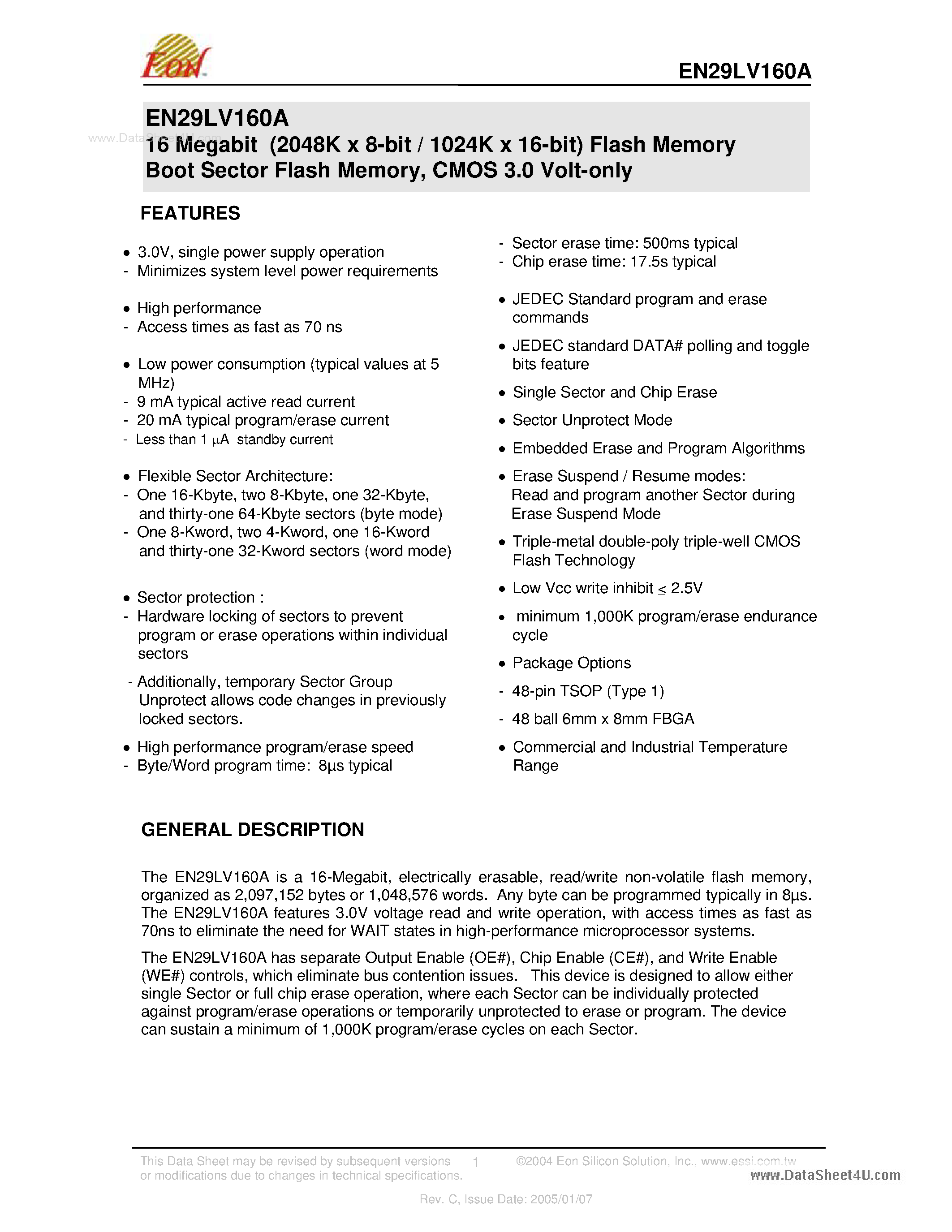 Datasheet EN29LV160A - 16 Megabit (2048K x 8-bit / 1024K x 16-bit) Flash Memory Boot Sector Flash Memory page 1