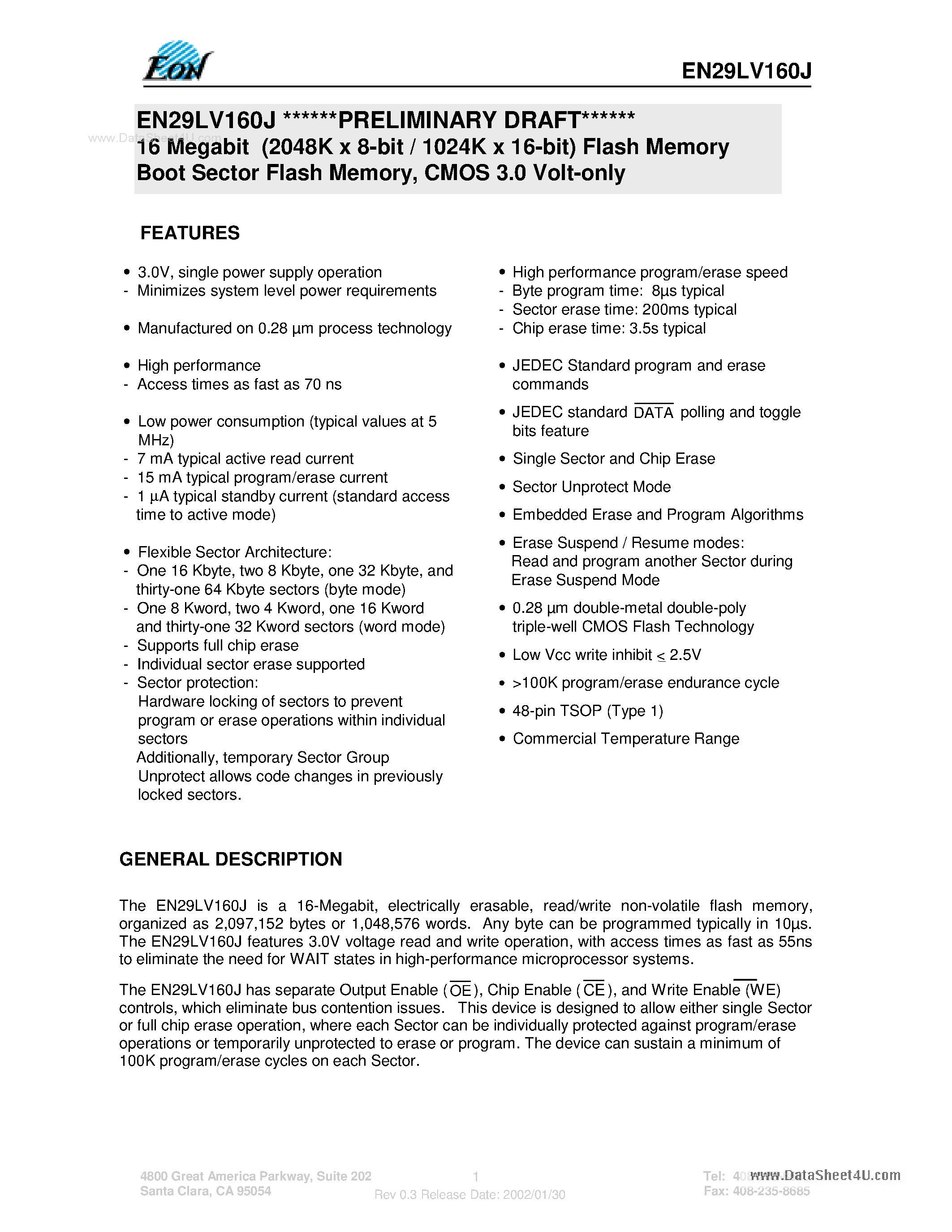 Datasheet EN29LV160J - 16 Megabit (2048K x 8-bit / 1024K x 16-bit) Flash Memory Boot Sector Flash Memory page 1