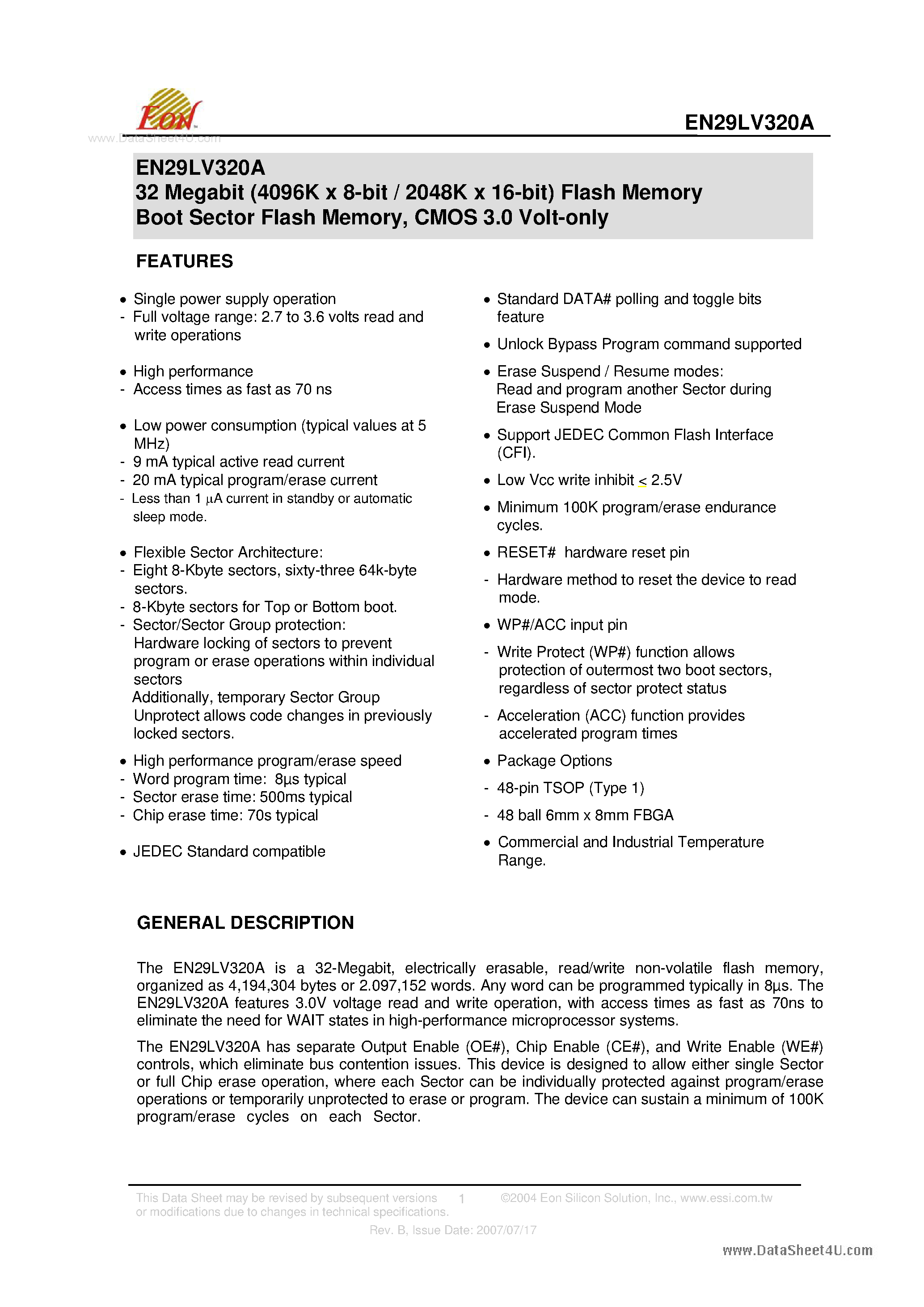 Datasheet EN29LV320A - 32 Megabit (4096K x 8-bit / 2048K x 16-bit) Flash Memory Boot Sector Flash Memory page 1