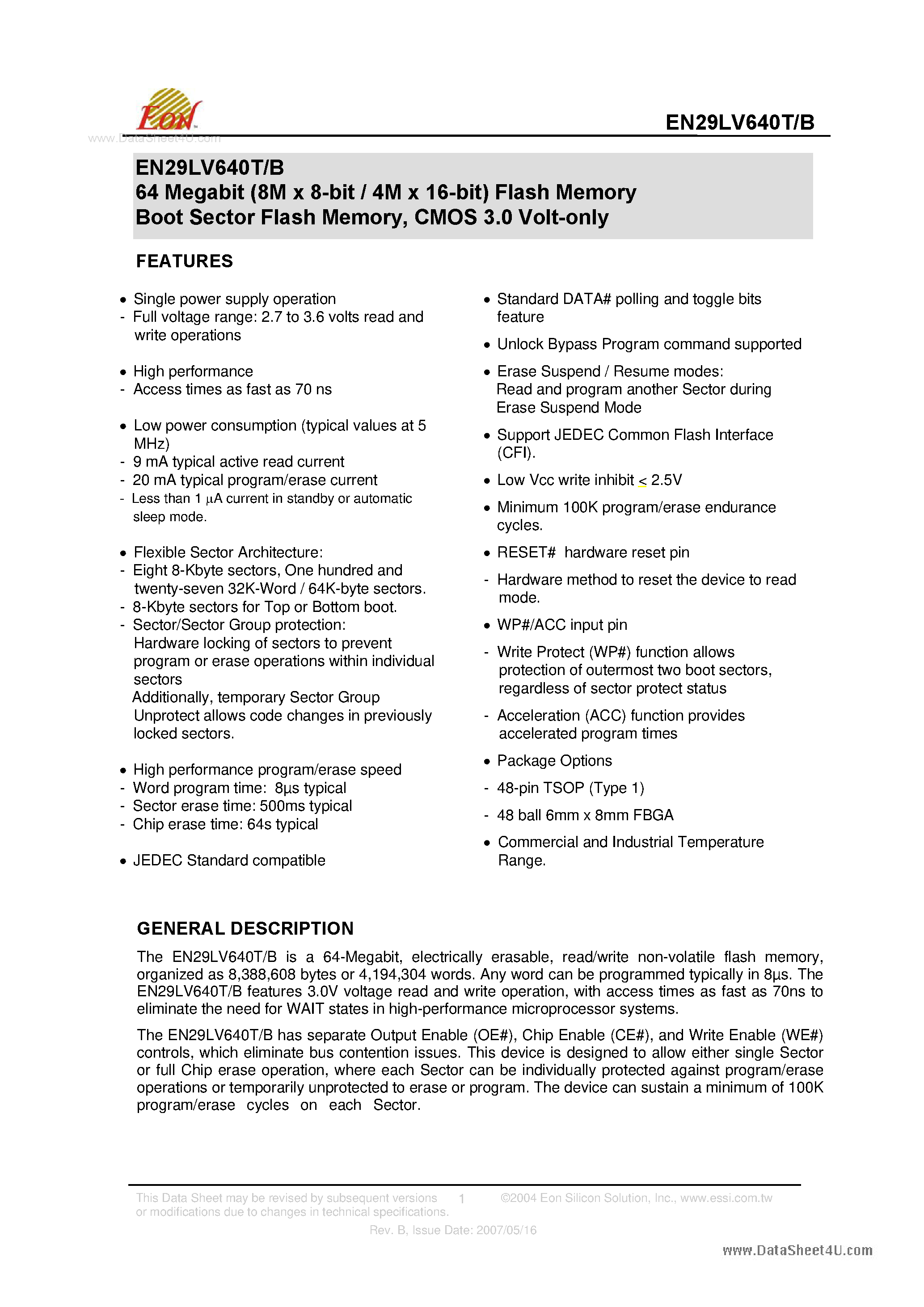 Datasheet EN29LV640B - 64 Megabit (8M x 8-bit / 4M x 16-bit) Flash Memory Boot Sector Flash Memory page 1