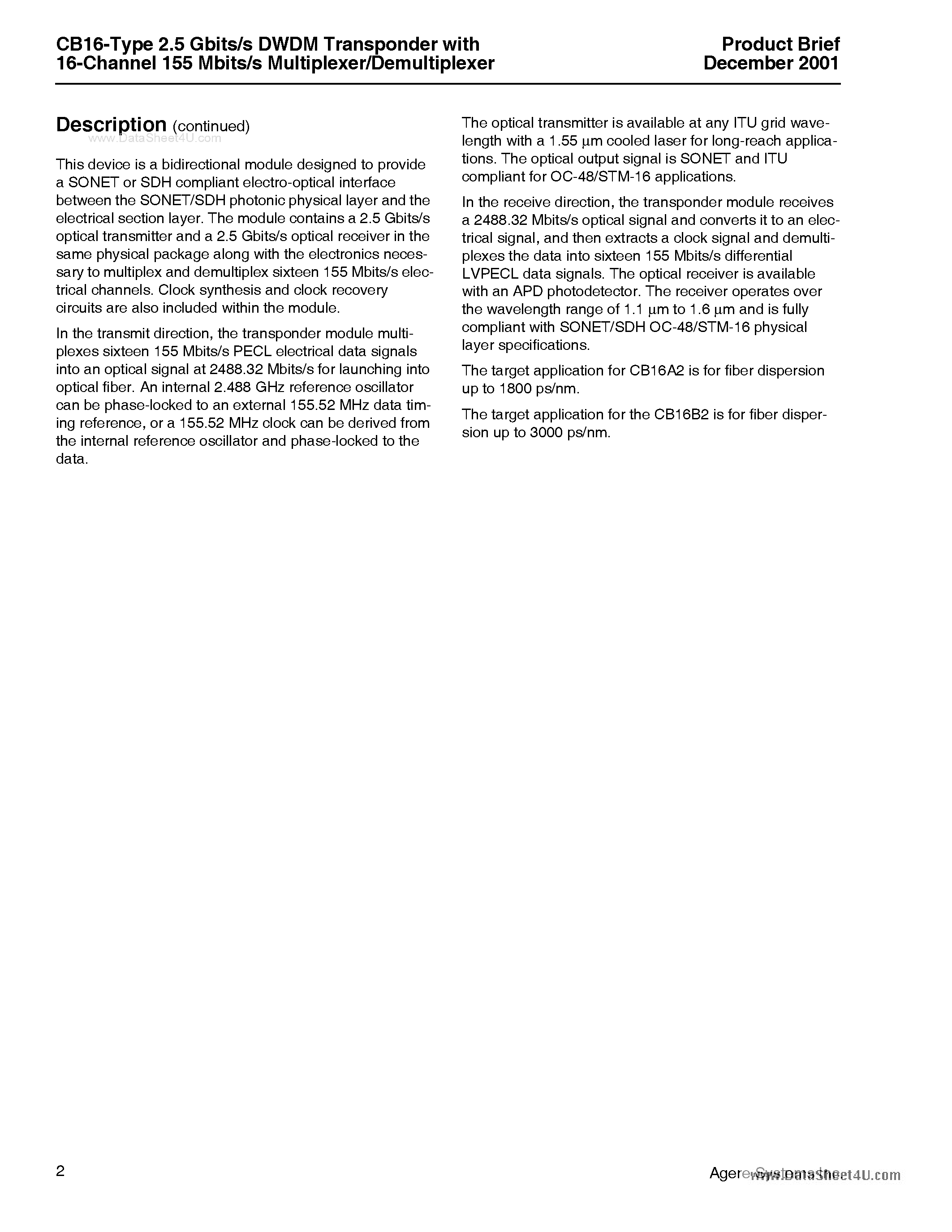 Datasheet CB16 - CB16-Type 2.5 Gbits/s DWDM Transponder page 2