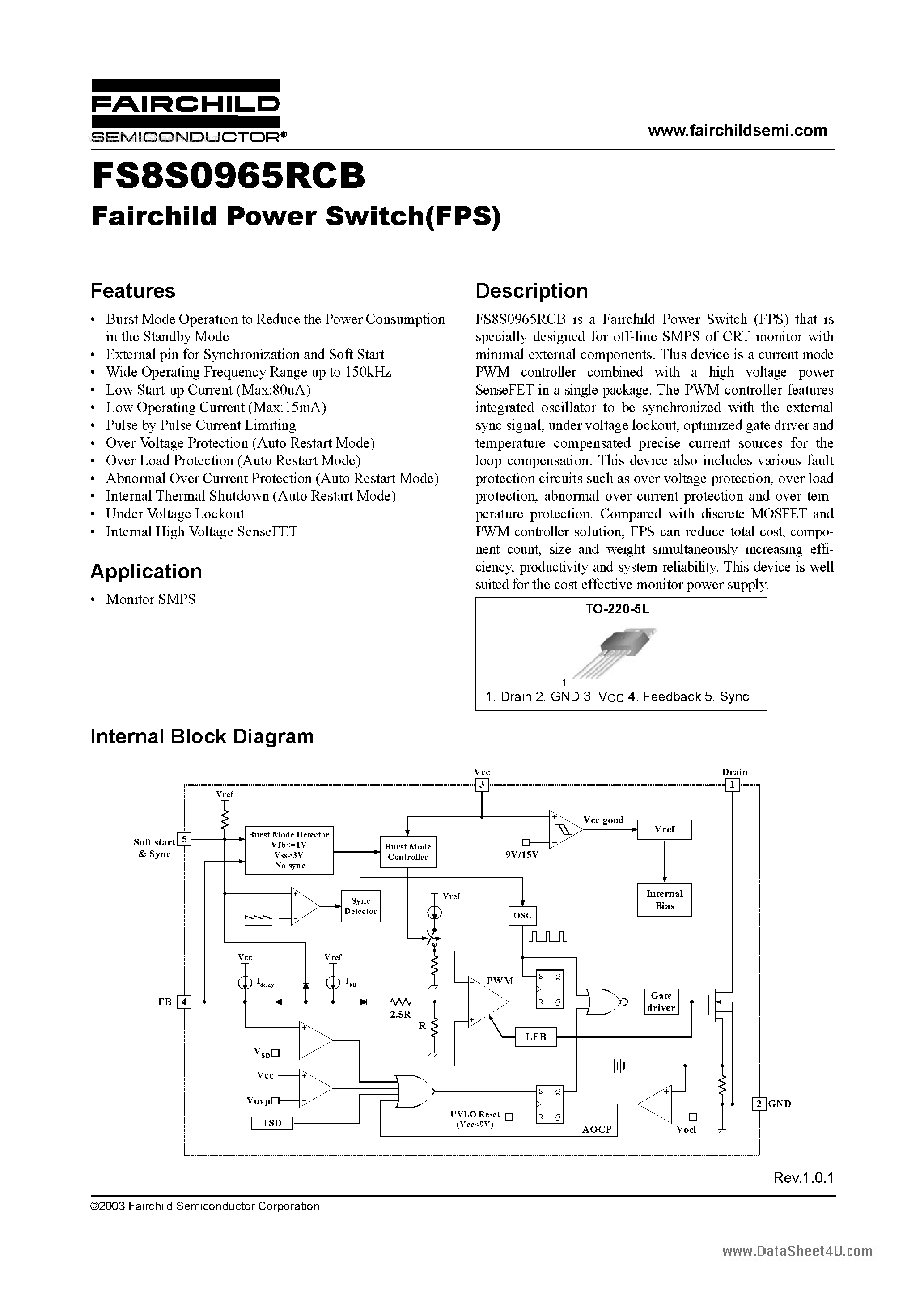 Даташит на микросхему FS8S0965RCB страница 1 Даташит FS8S0965RCB - Power Switch страница 1