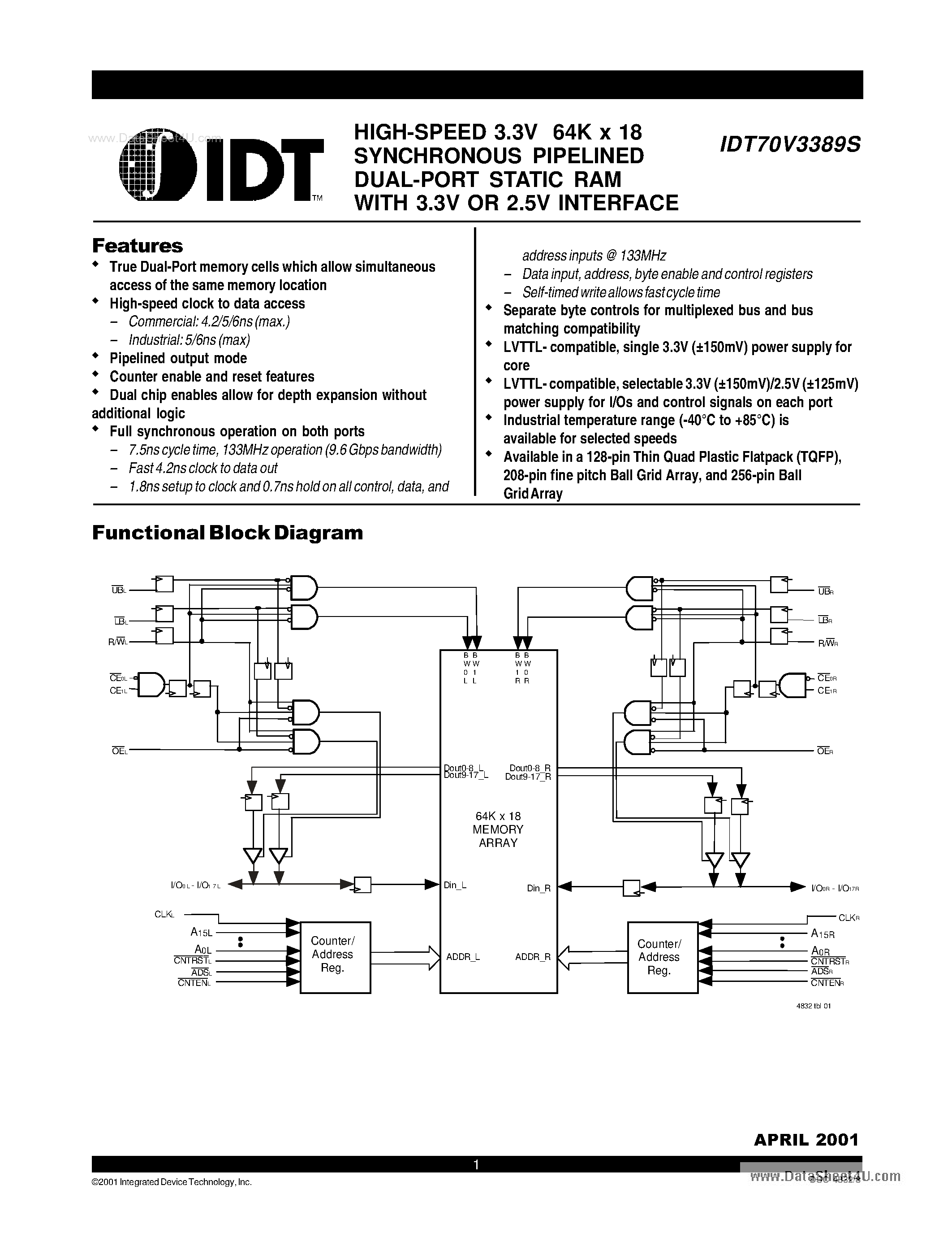 Datasheet IDT70V3389S - HIGH-SPEED 3.3V 64K x 18 SYNCHRONOUS PIPELINED DUAL-PORT STATIC RAM page 1