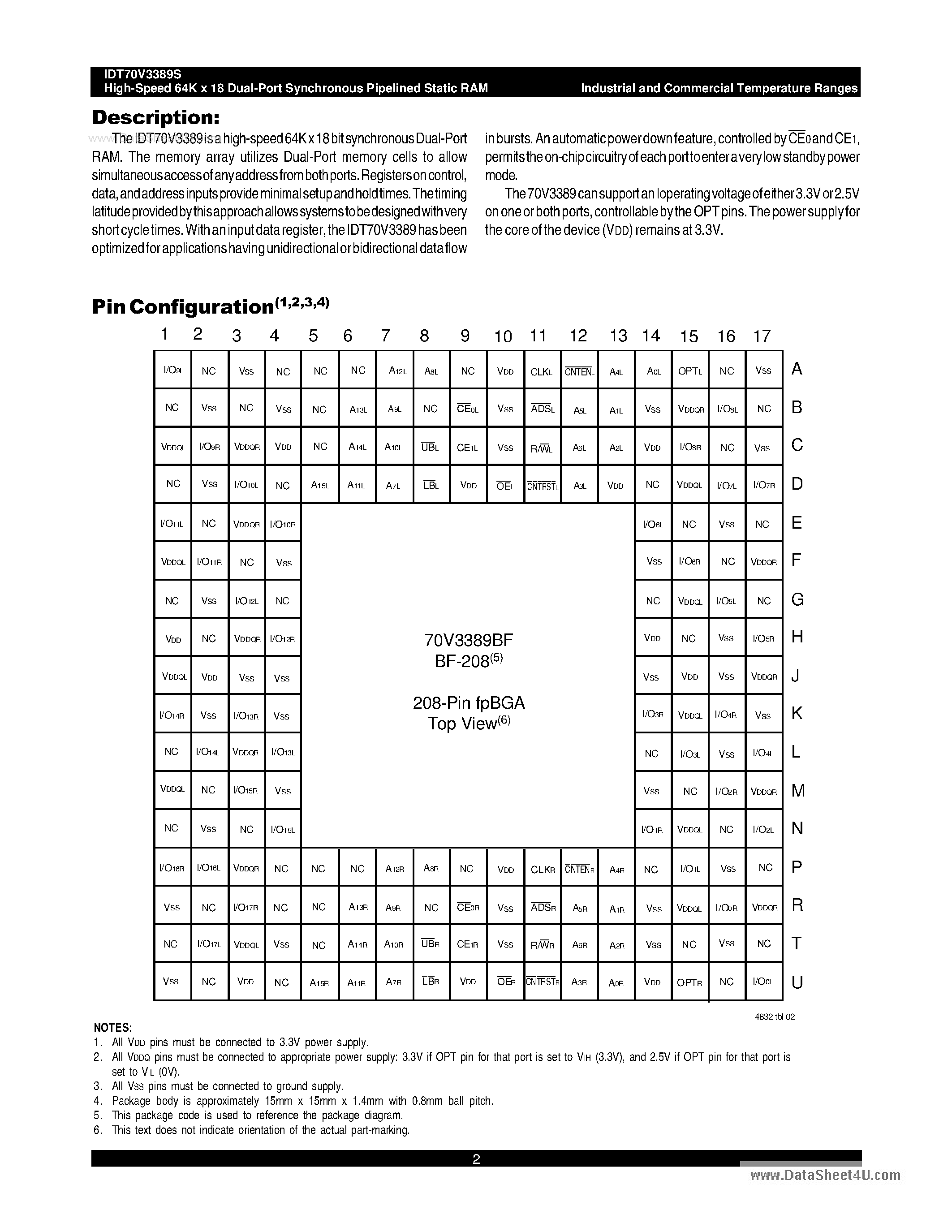 Datasheet IDT70V3389S - HIGH-SPEED 3.3V 64K x 18 SYNCHRONOUS PIPELINED DUAL-PORT STATIC RAM page 2