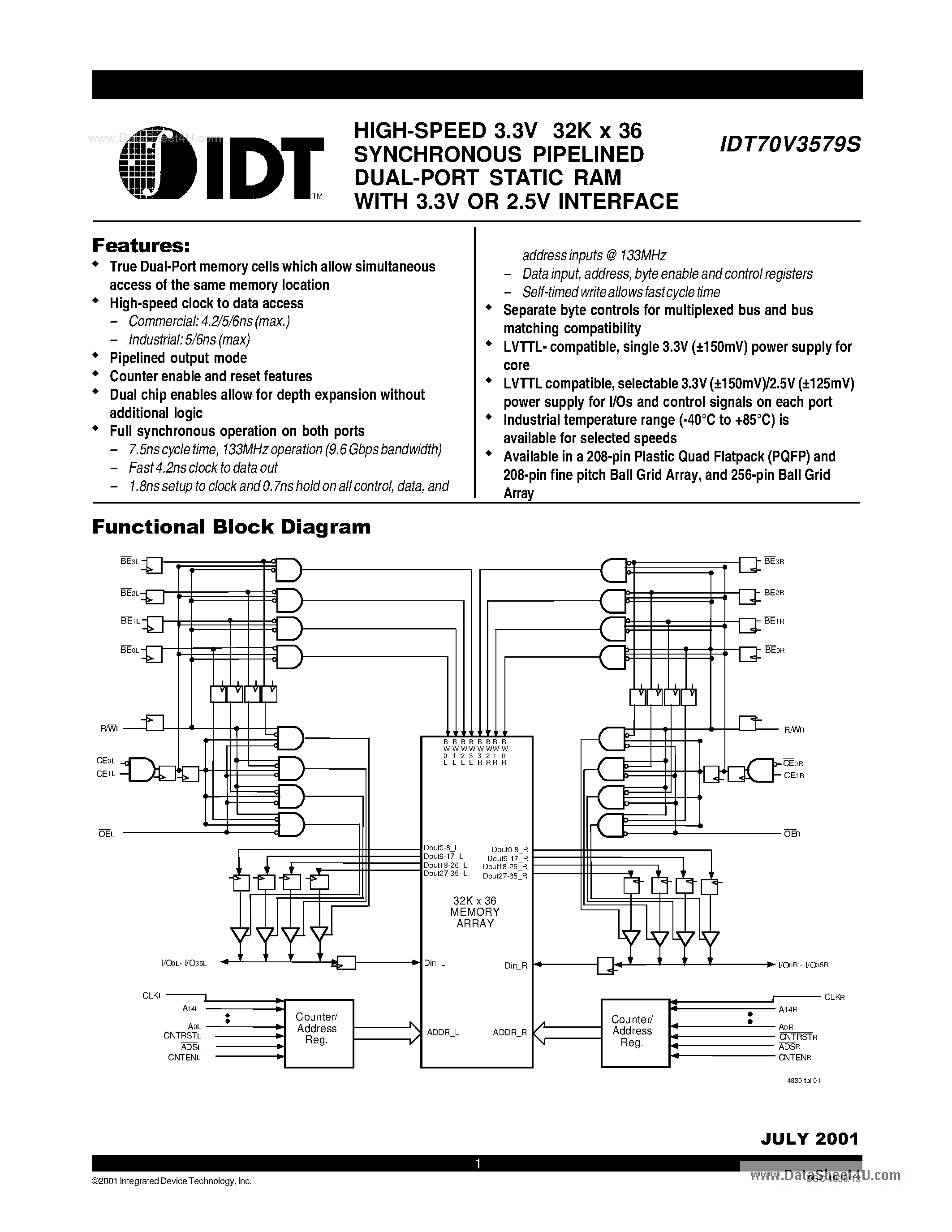 Datasheet IDT70V3579S page 1 Datasheet IDT70V3579S - HIGH-SPEED 3.3V 32K x 36 SYNCHRONOUS PIPELINED DUAL-PORT STATIC RAM page 1