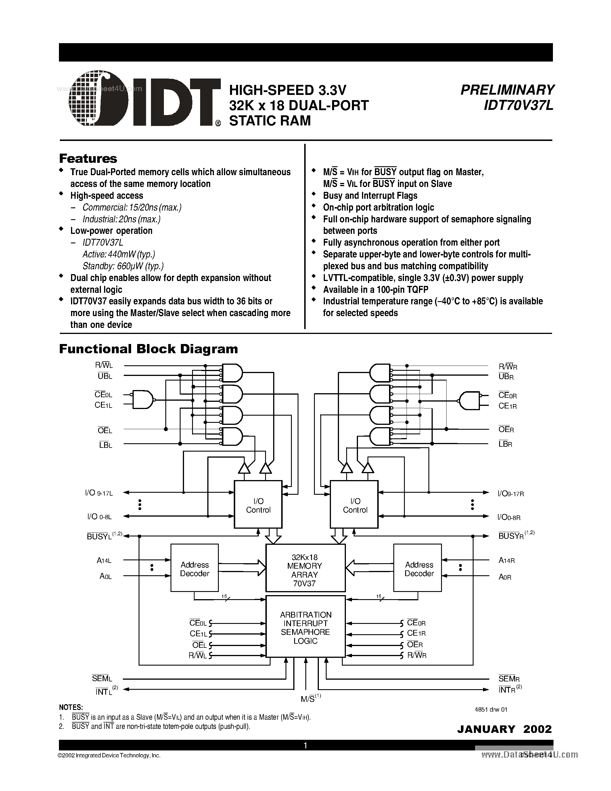 Datasheet IDT70V37L - HIGH-SPEED 3.3V 32K x 18 DUAL- STATIC RAM page 1