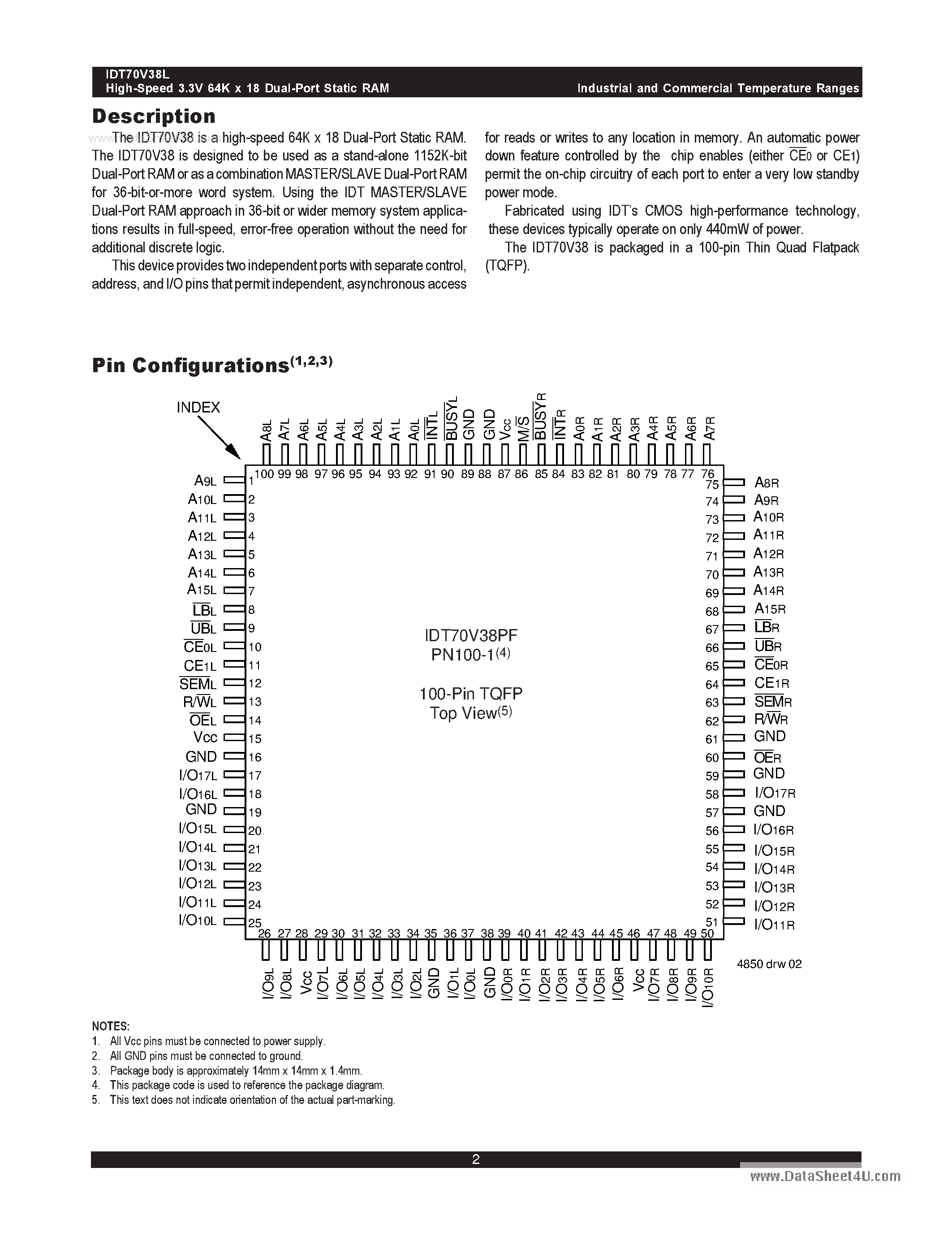 Datasheet IDT70V38L - HIGH-SPEED 3.3V 64K x 18 DUAL-PORT STATIC RAM page 2