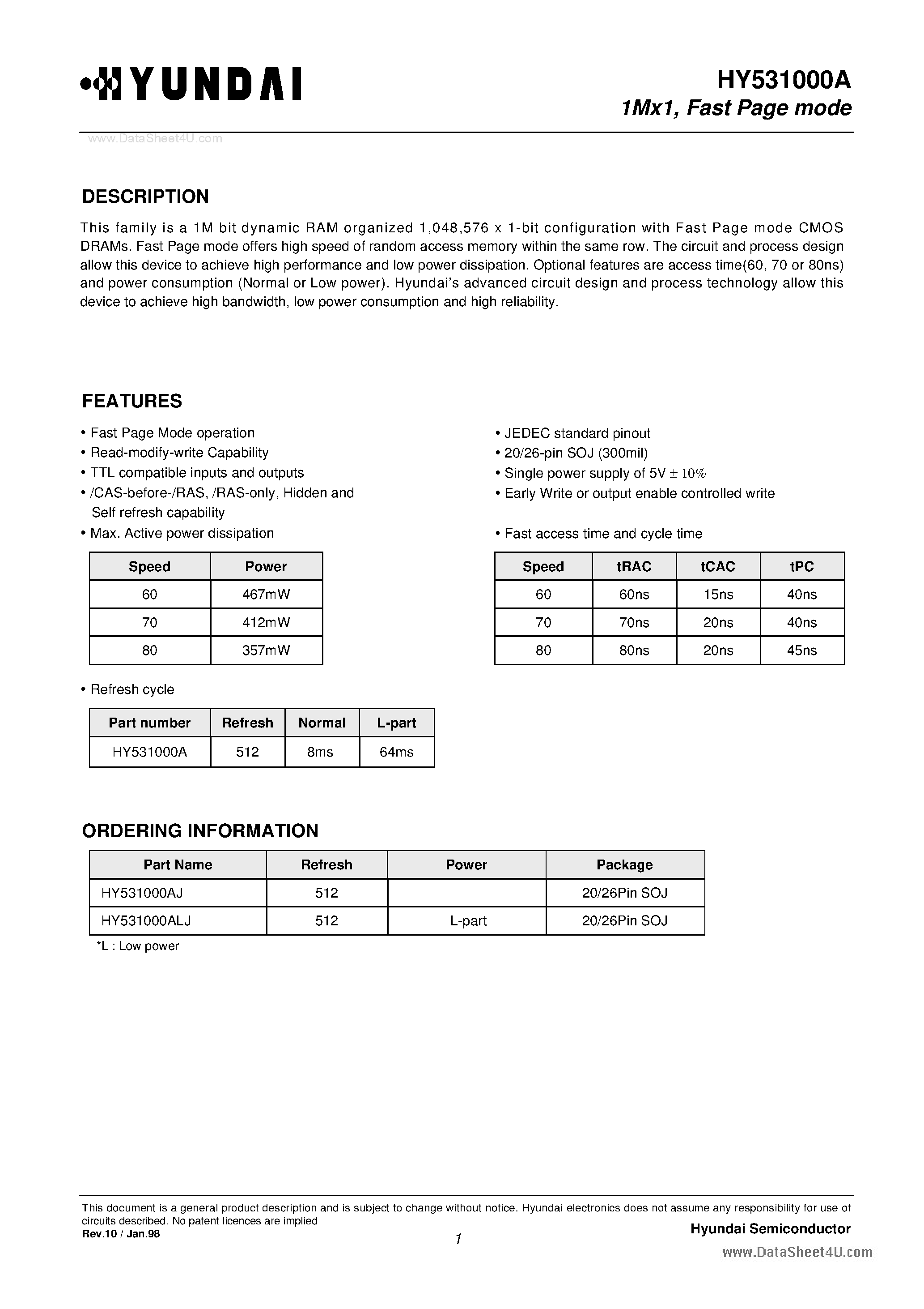 Даташит HY531000A - 1M X 1 Fast Page Mode страница 1