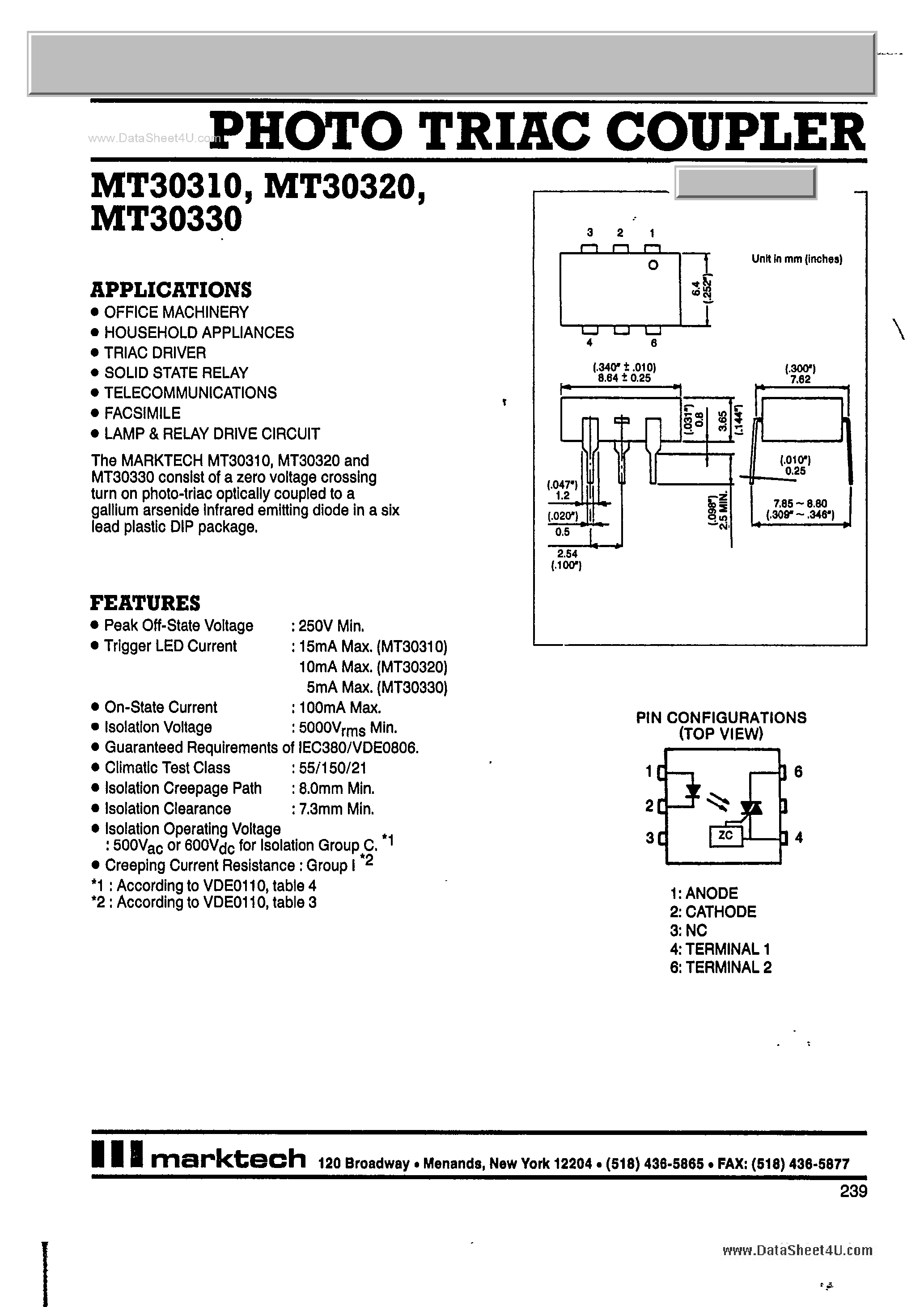 Datasheet MT30310 - (MT30310 - MT30330) Photo Triac Coupler page 1