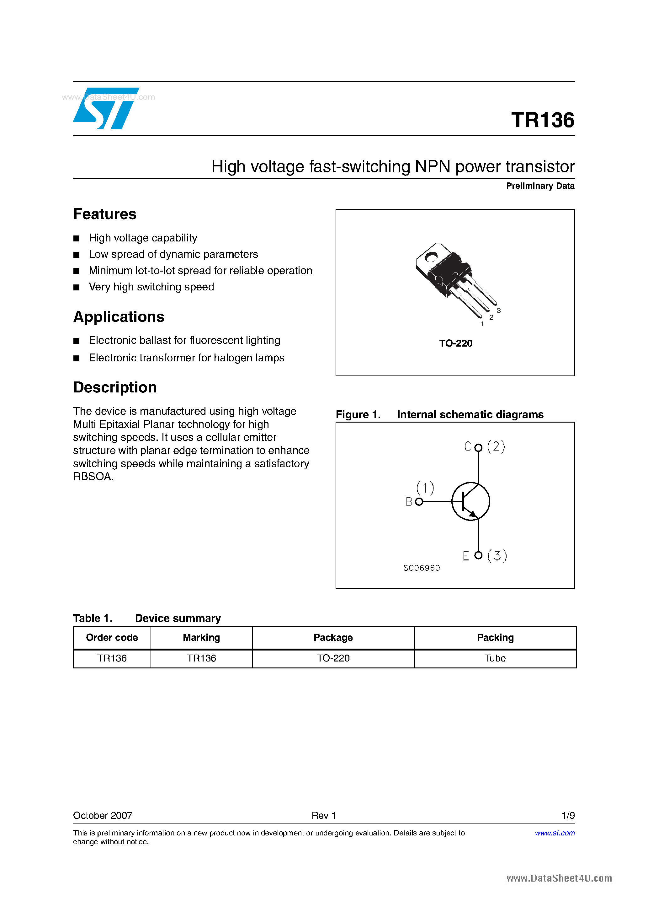 Datasheet TR136 page 1 Datasheet TR136 - High voltage fast-switching NPN power transistor page 1