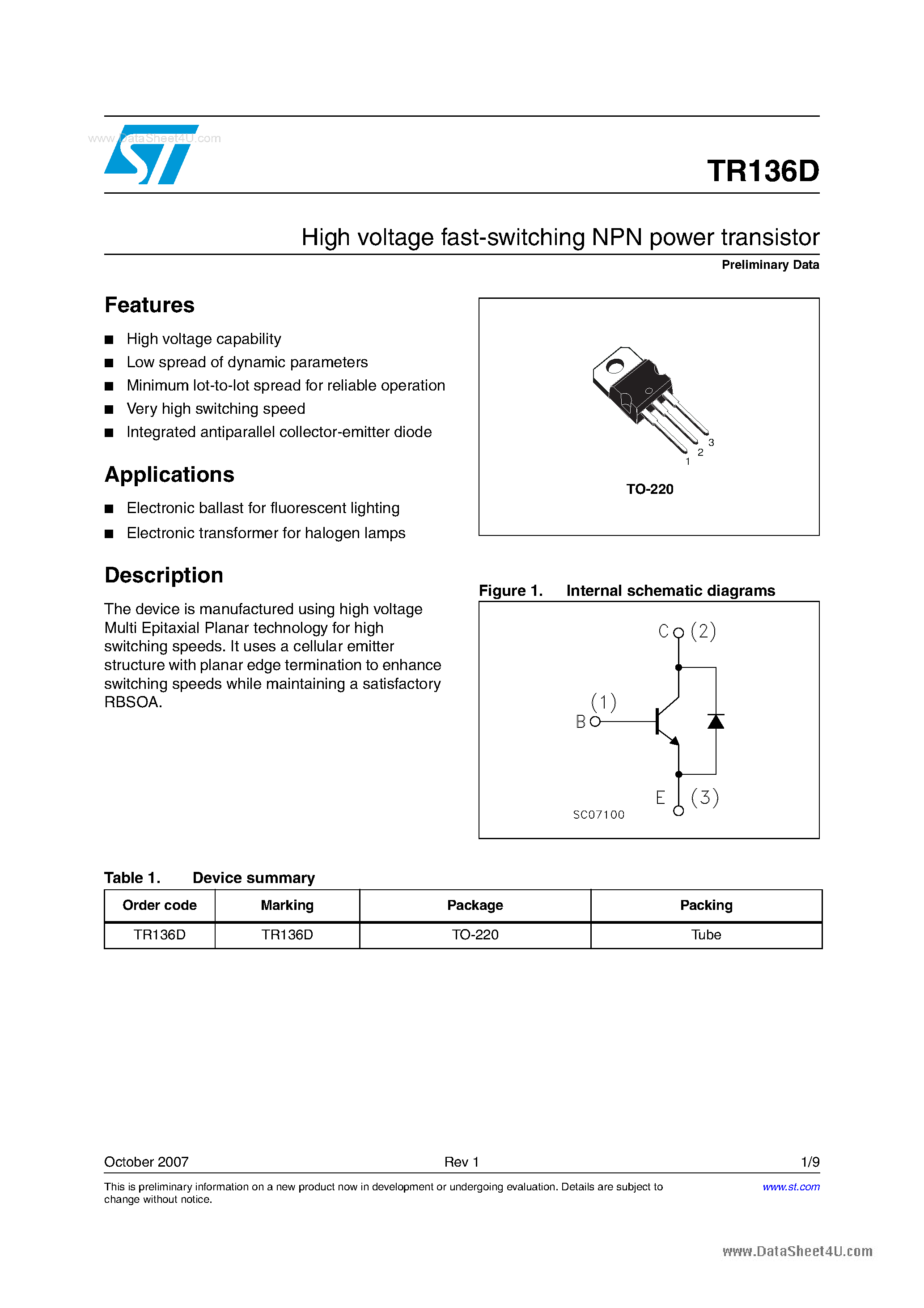 Datasheet TR136D - High voltage fast-switching NPN power transistor page 1