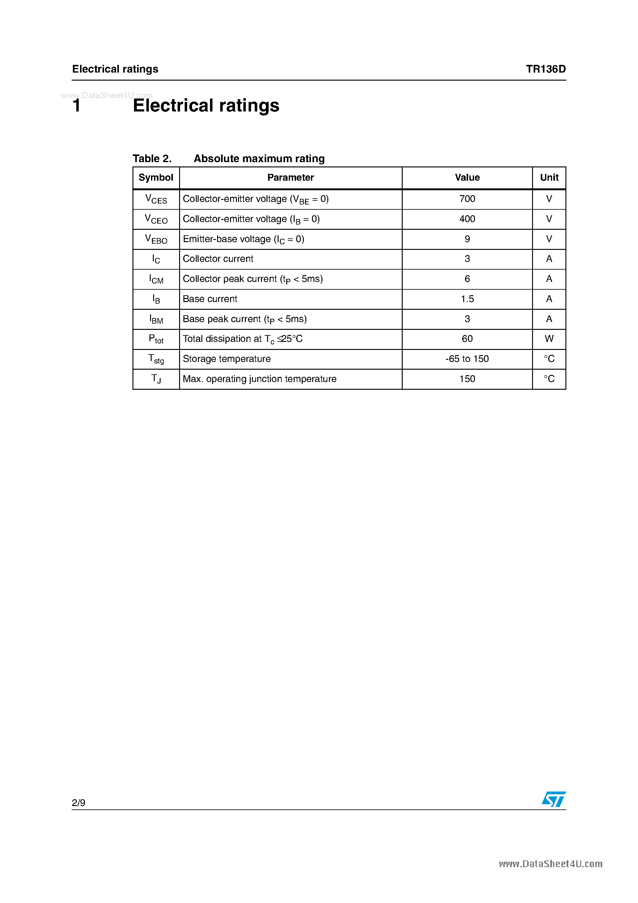 Datasheet TR136D - High voltage fast-switching NPN power transistor page 2