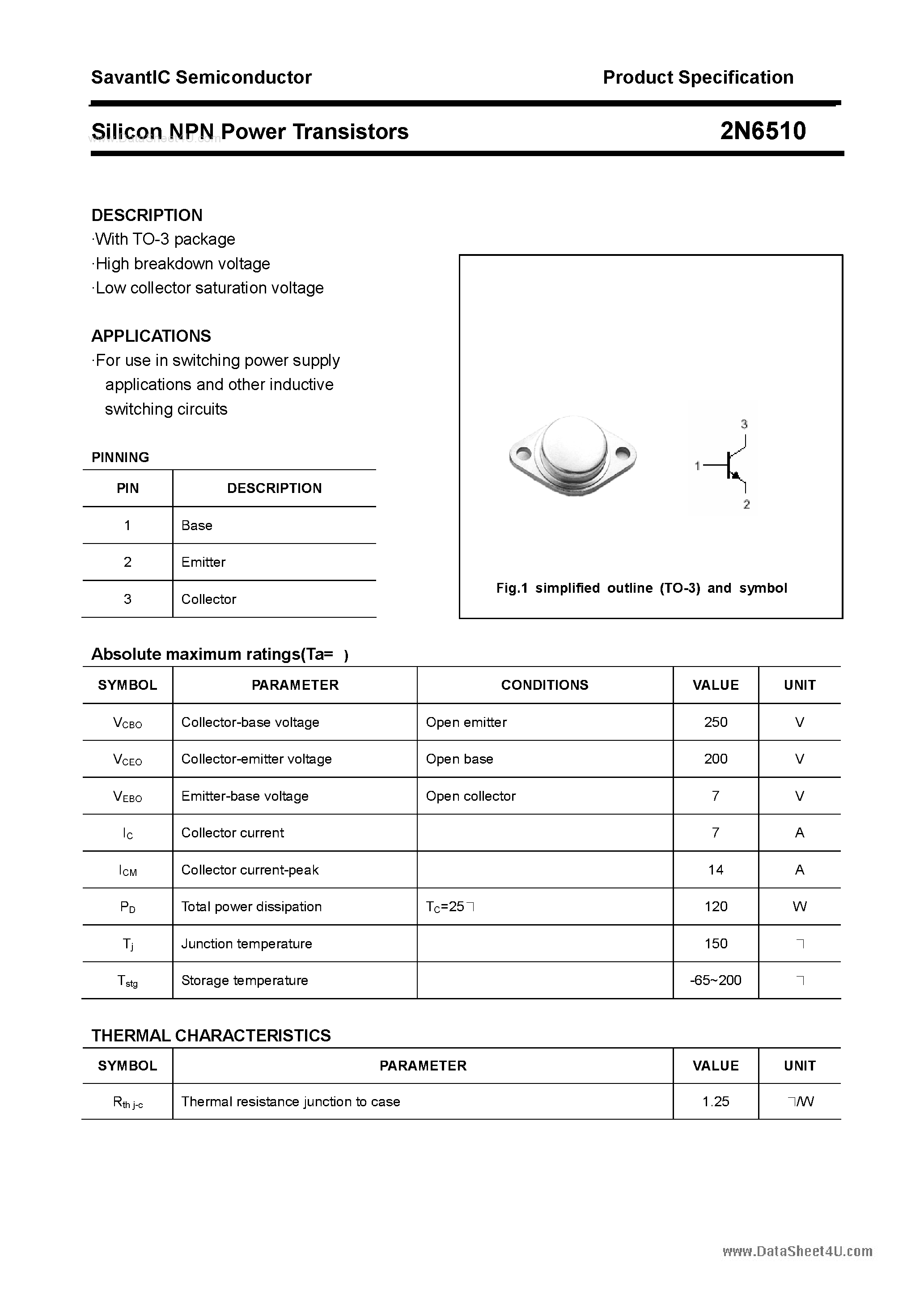 Datasheet 2N6510 - Silicon Power Transistor page 1