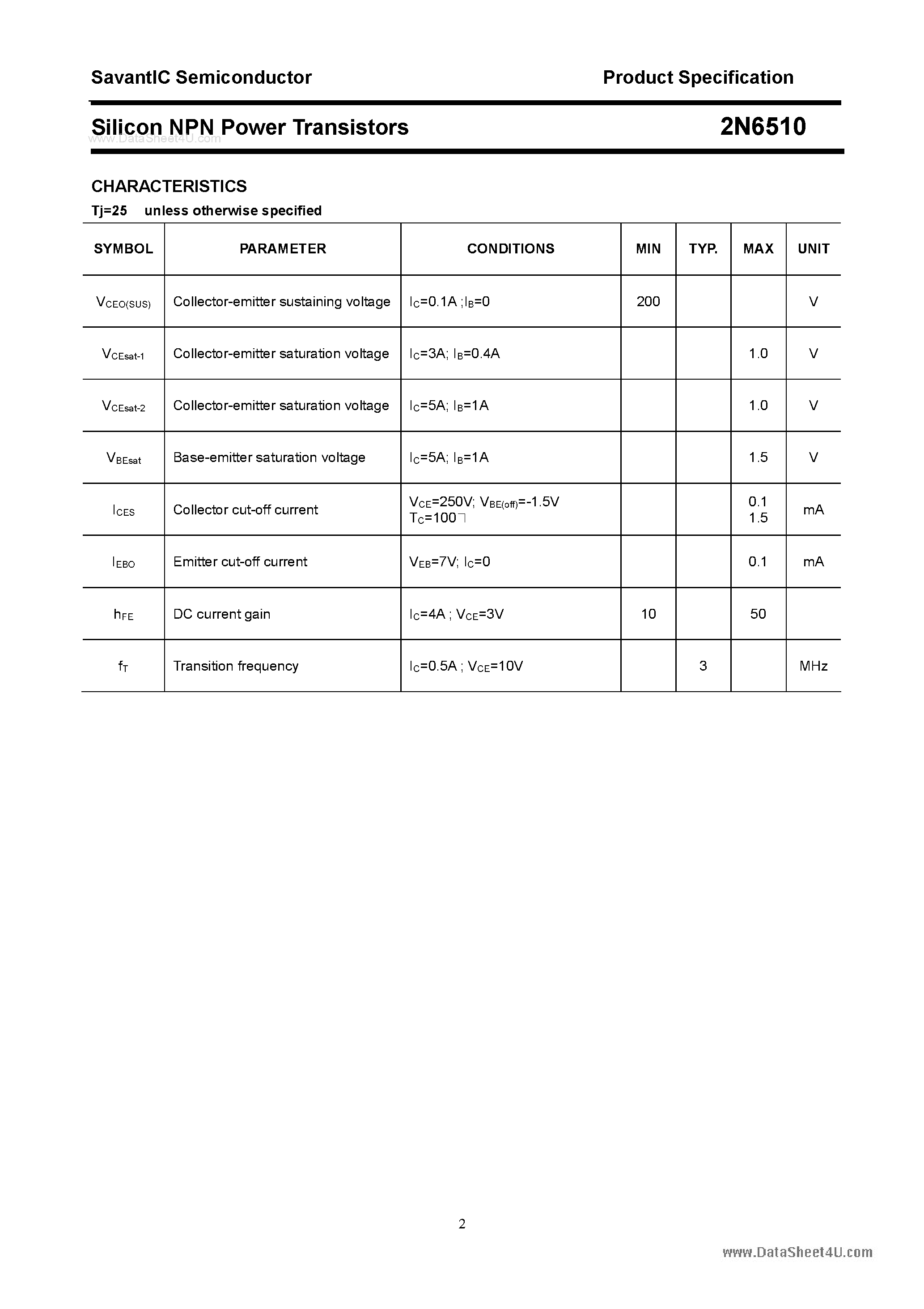 Datasheet 2N6510 - Silicon Power Transistor page 2