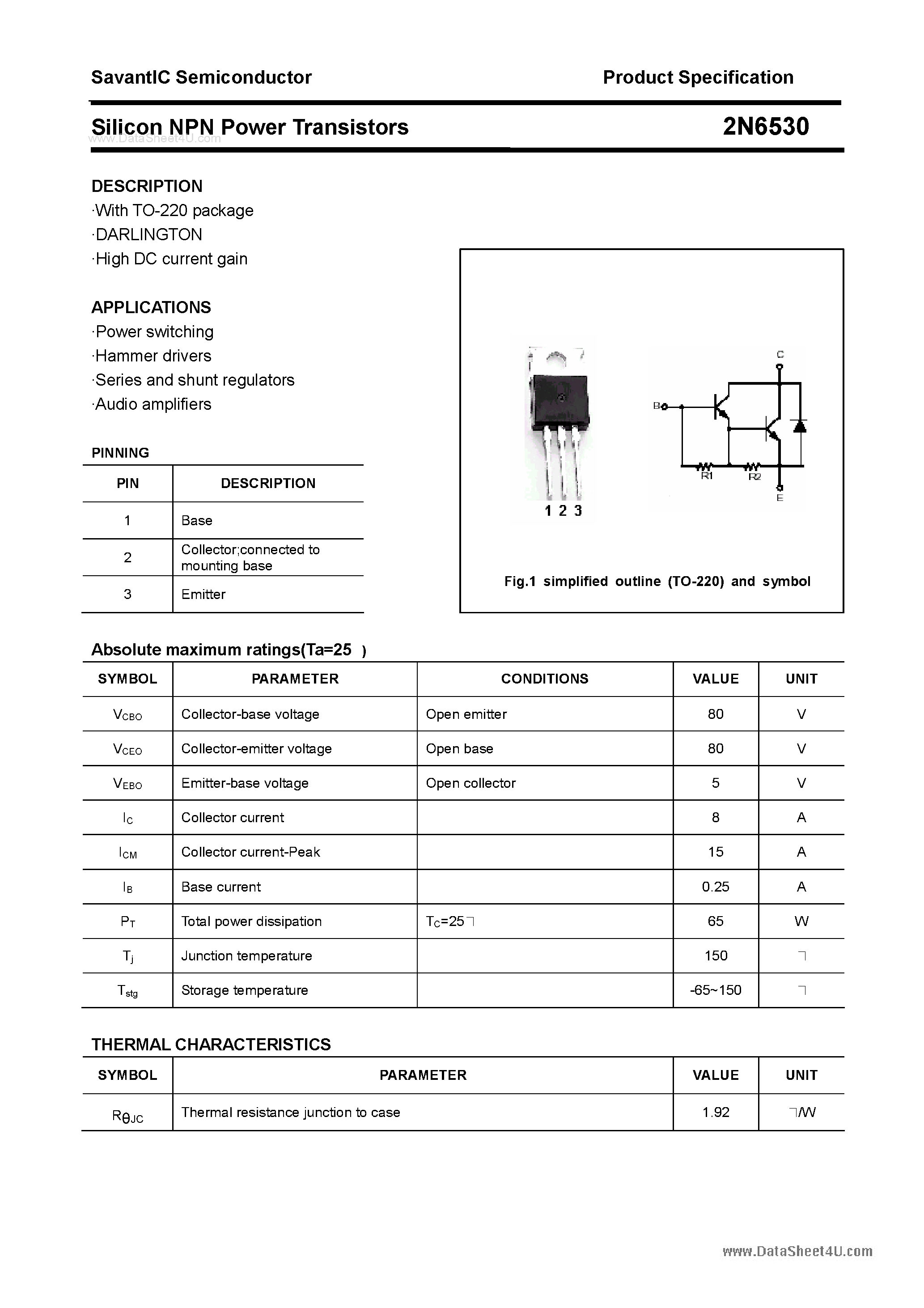 Datasheet 2N6530 - Silicon Power Transistor page 1
