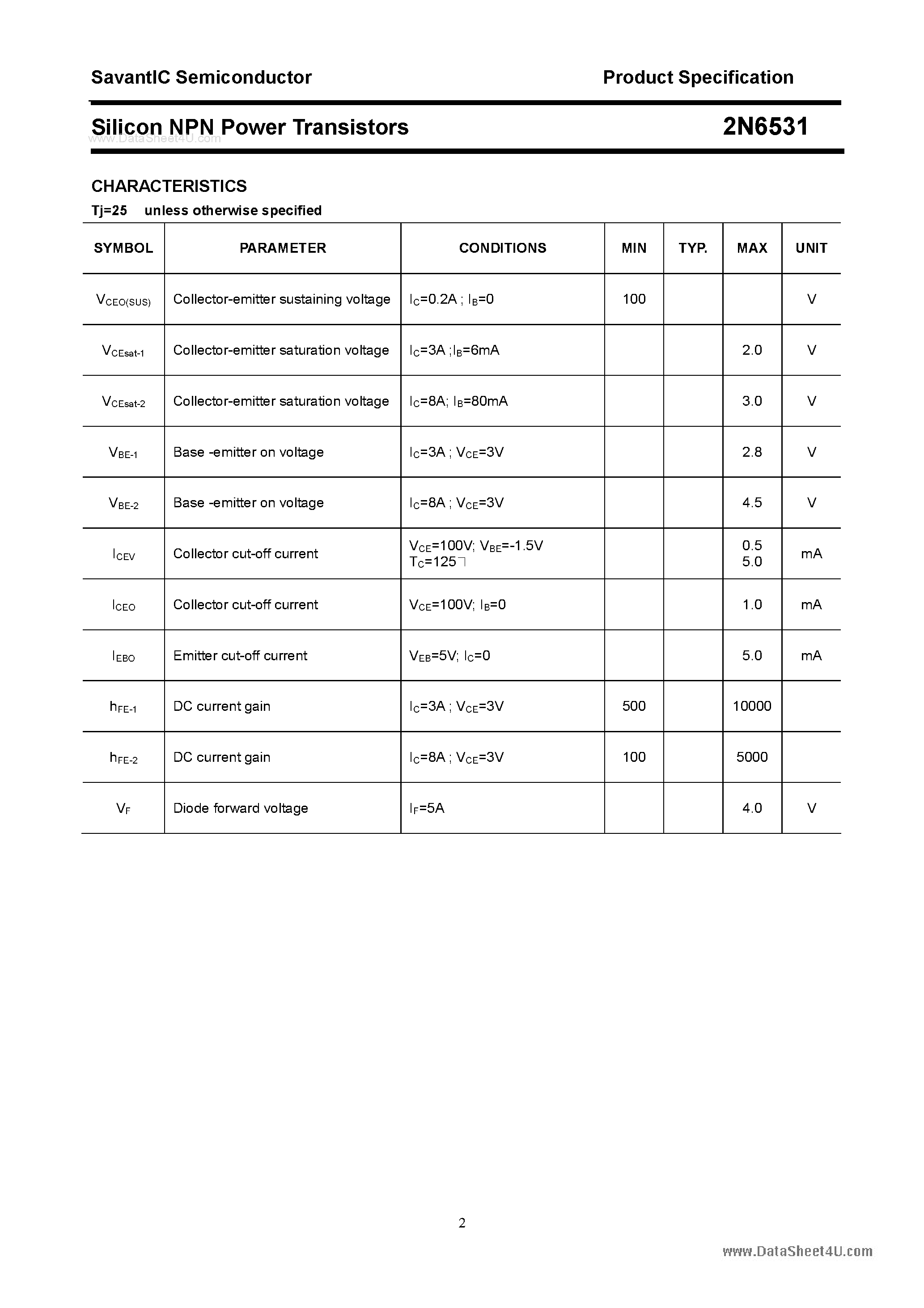 Datasheet 2N6531 - Silicon Power Transistor page 2