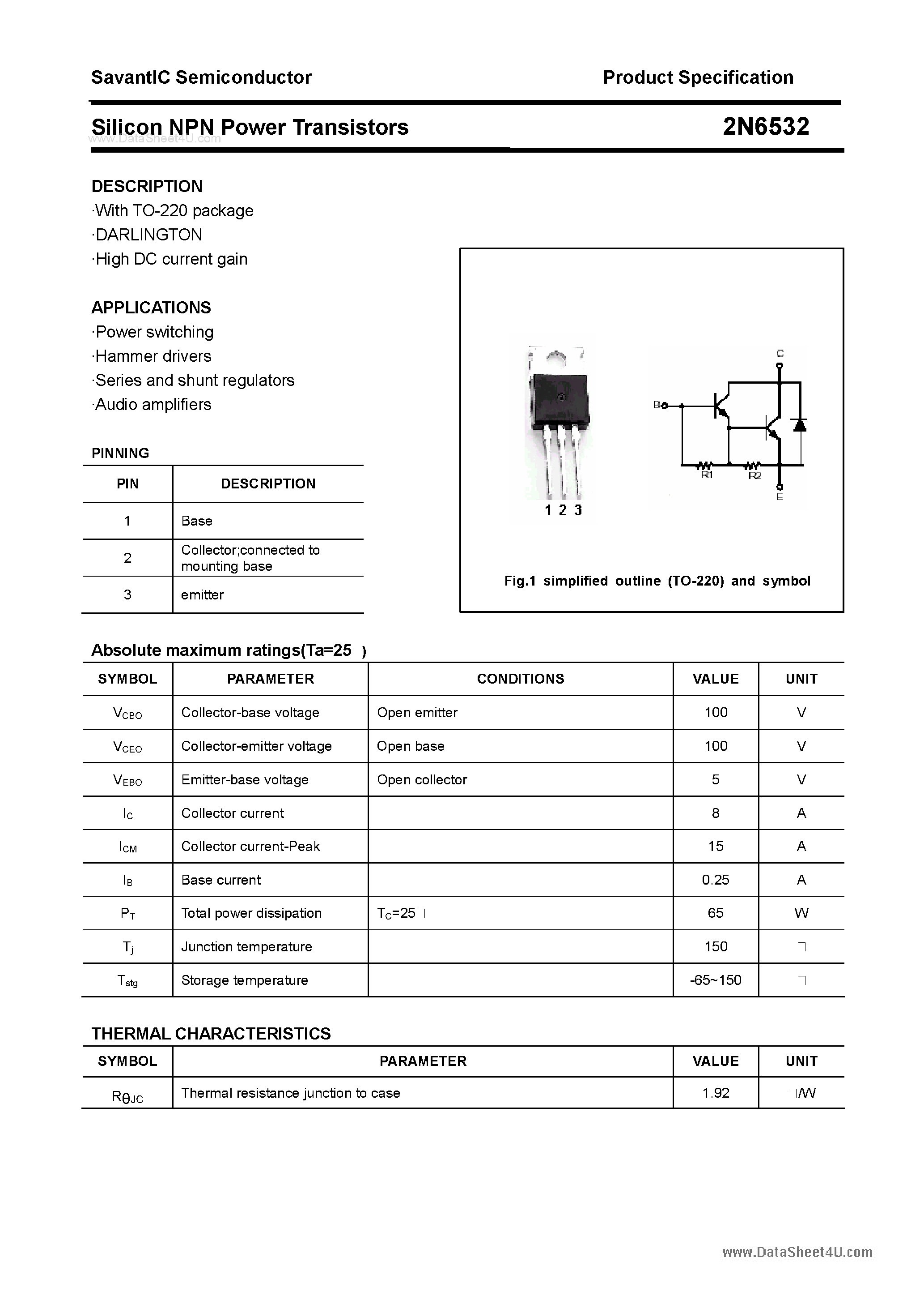 Datasheet 2N6532 - Silicon Power Transistor page 1