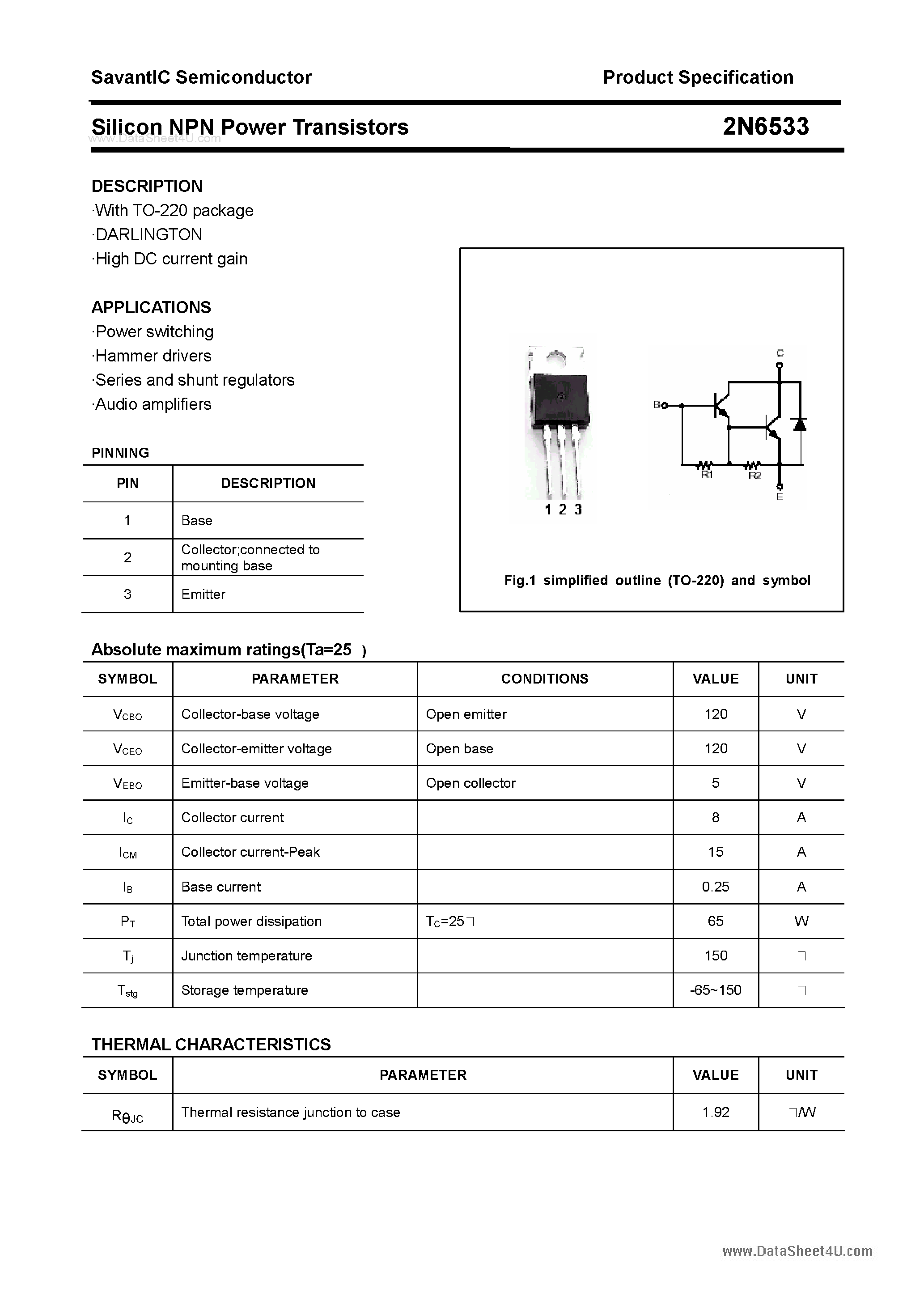 Datasheet 2N6533 - Silicon Power Transistor page 1