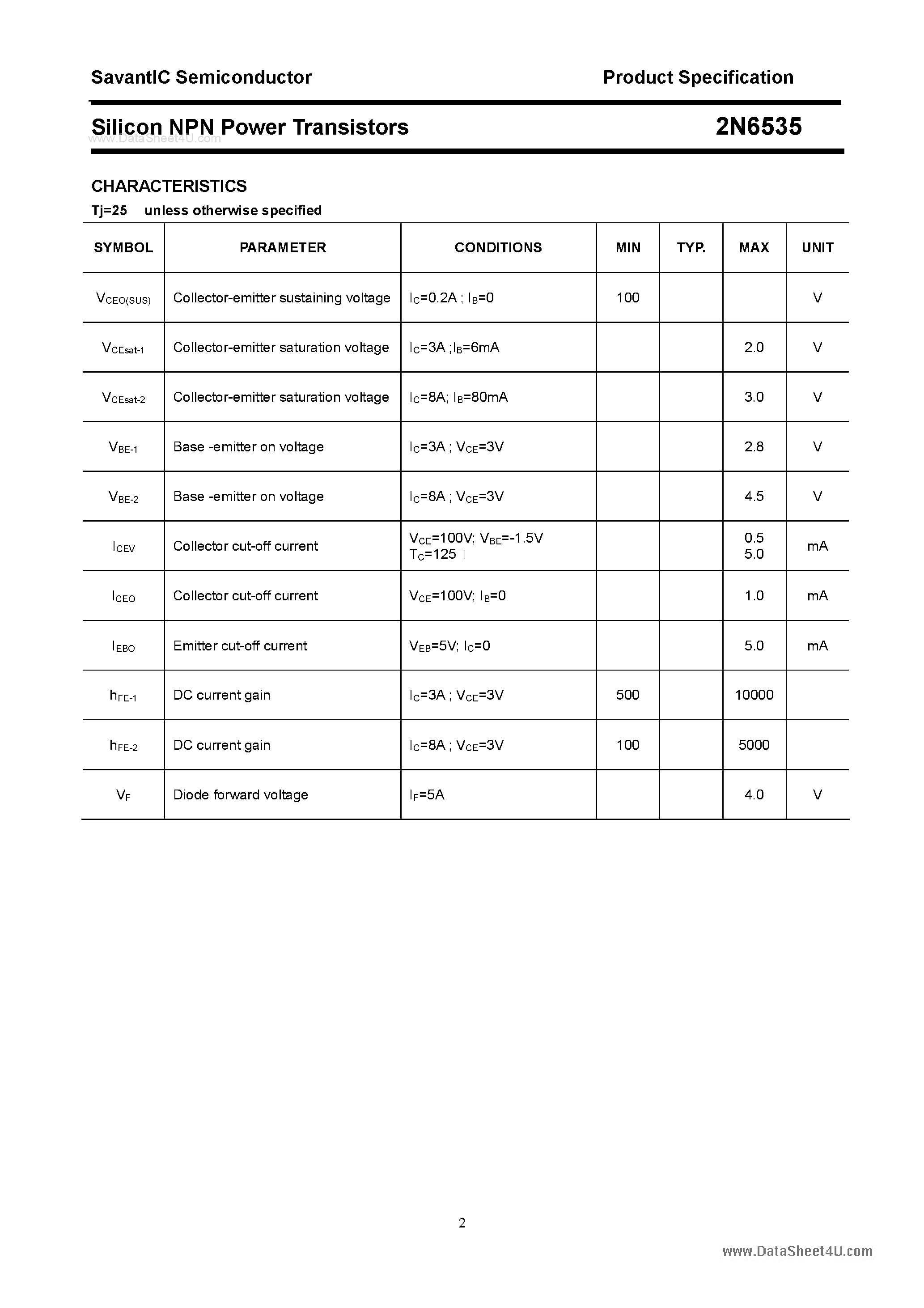 Datasheet 2N6535 - Silicon Power Transistor page 2