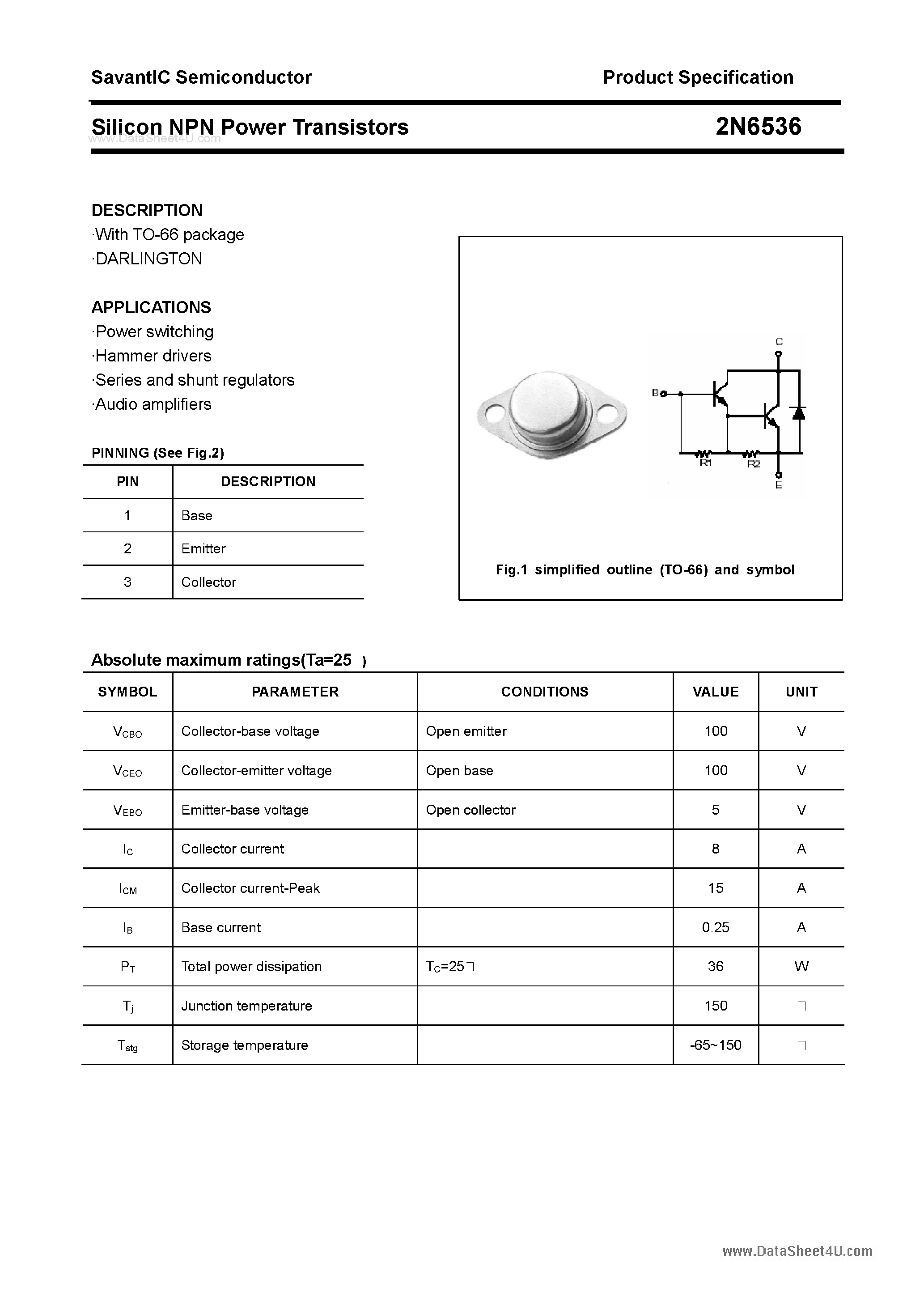 Datasheet 2N6536 - Silicon Power Transistor page 1