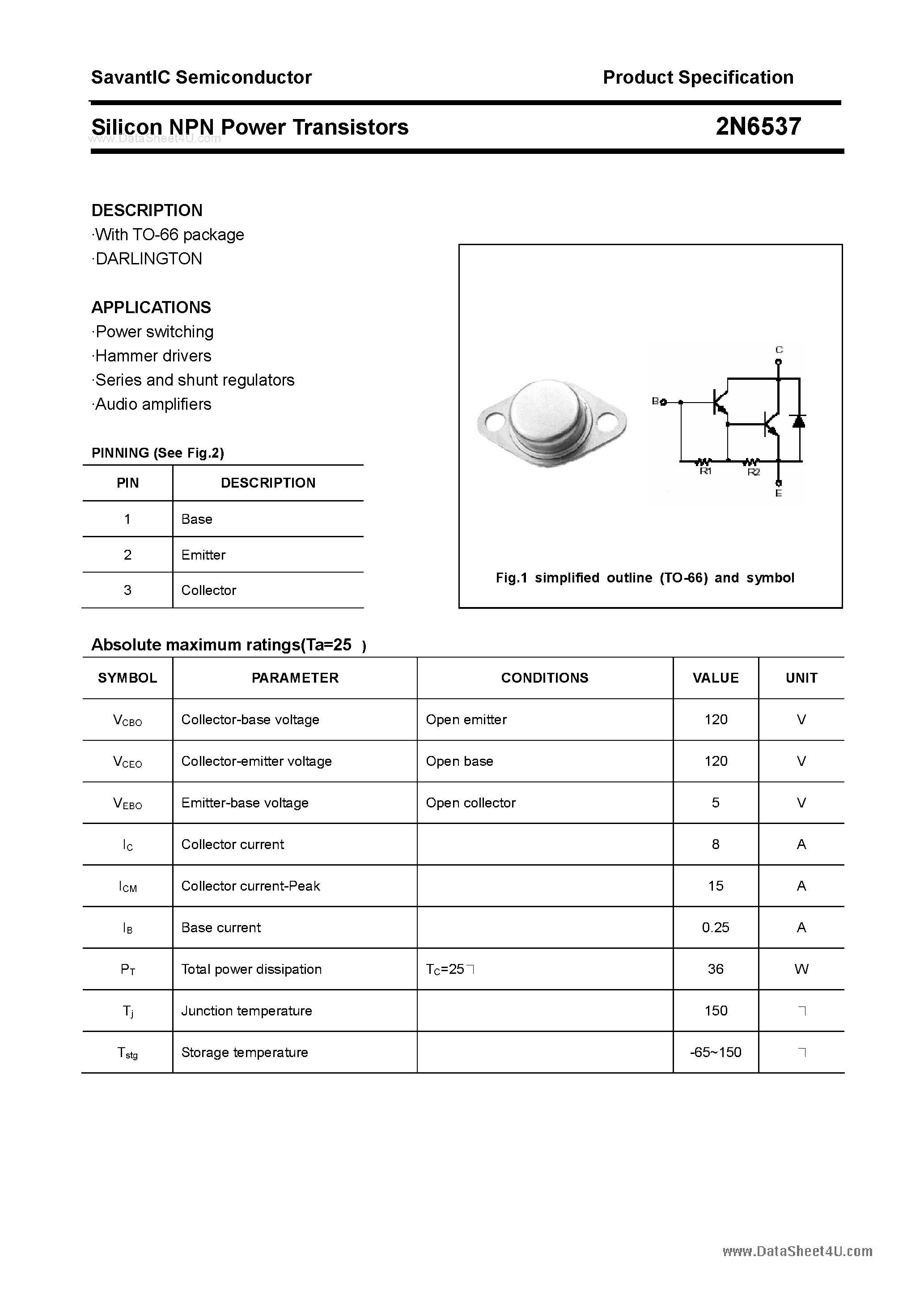 Datasheet 2N6537 - Silicon Power Transistor page 1