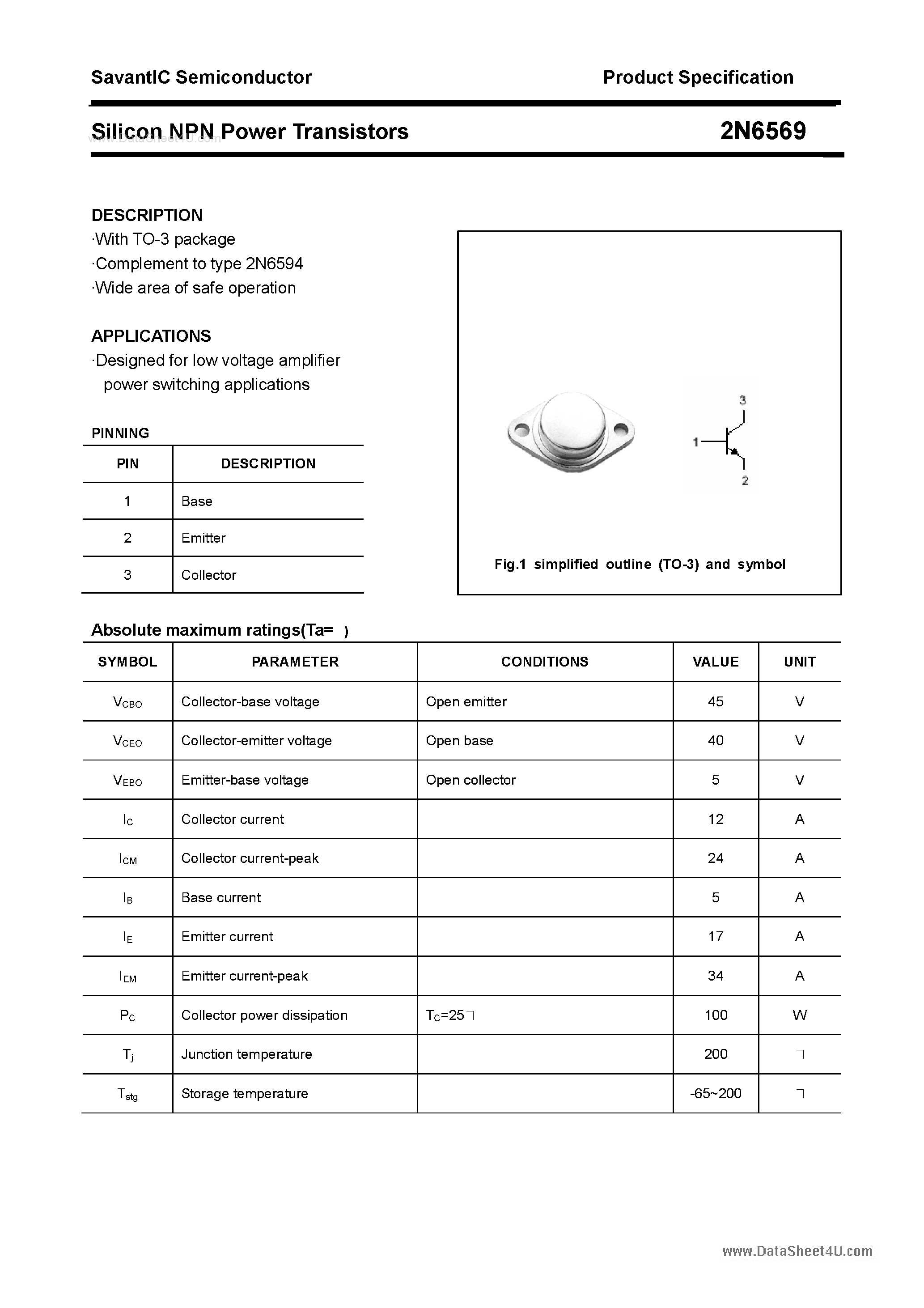 Datasheet 2N6569 - Silicon Power Transistor page 1