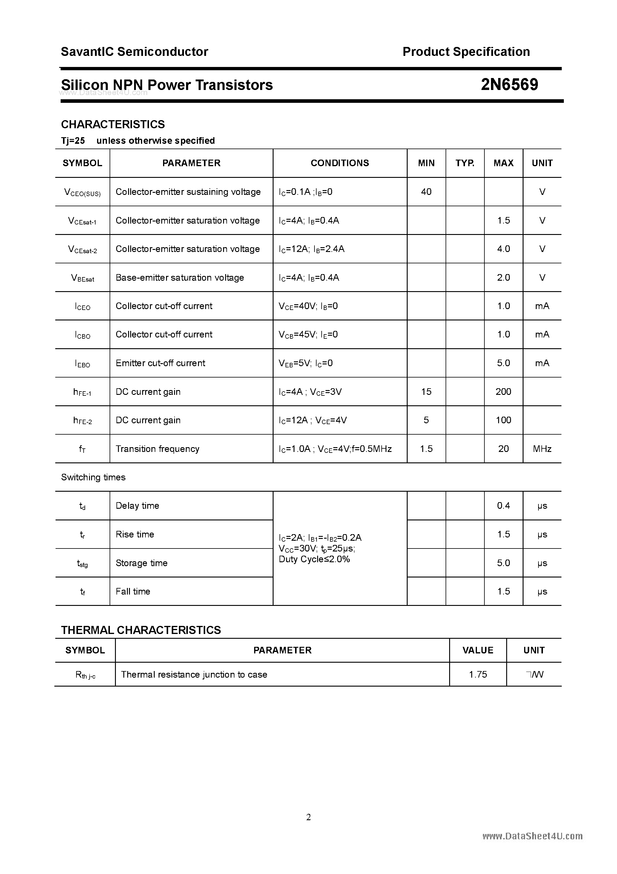 Datasheet 2N6569 - Silicon Power Transistor page 2