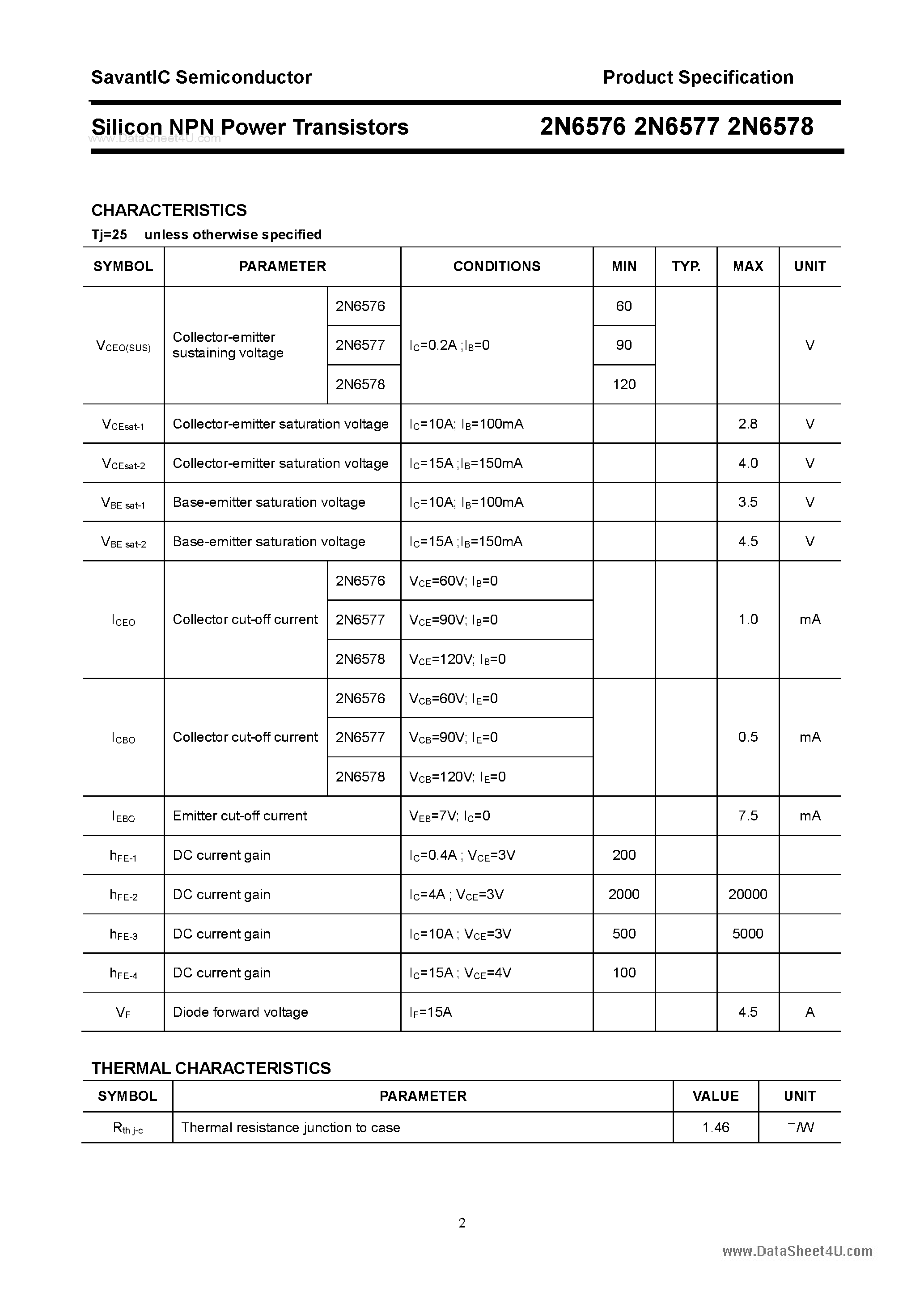 Datasheet 2N6576 - (2N6576 - 2N6578) Silicon Power Transistor page 2