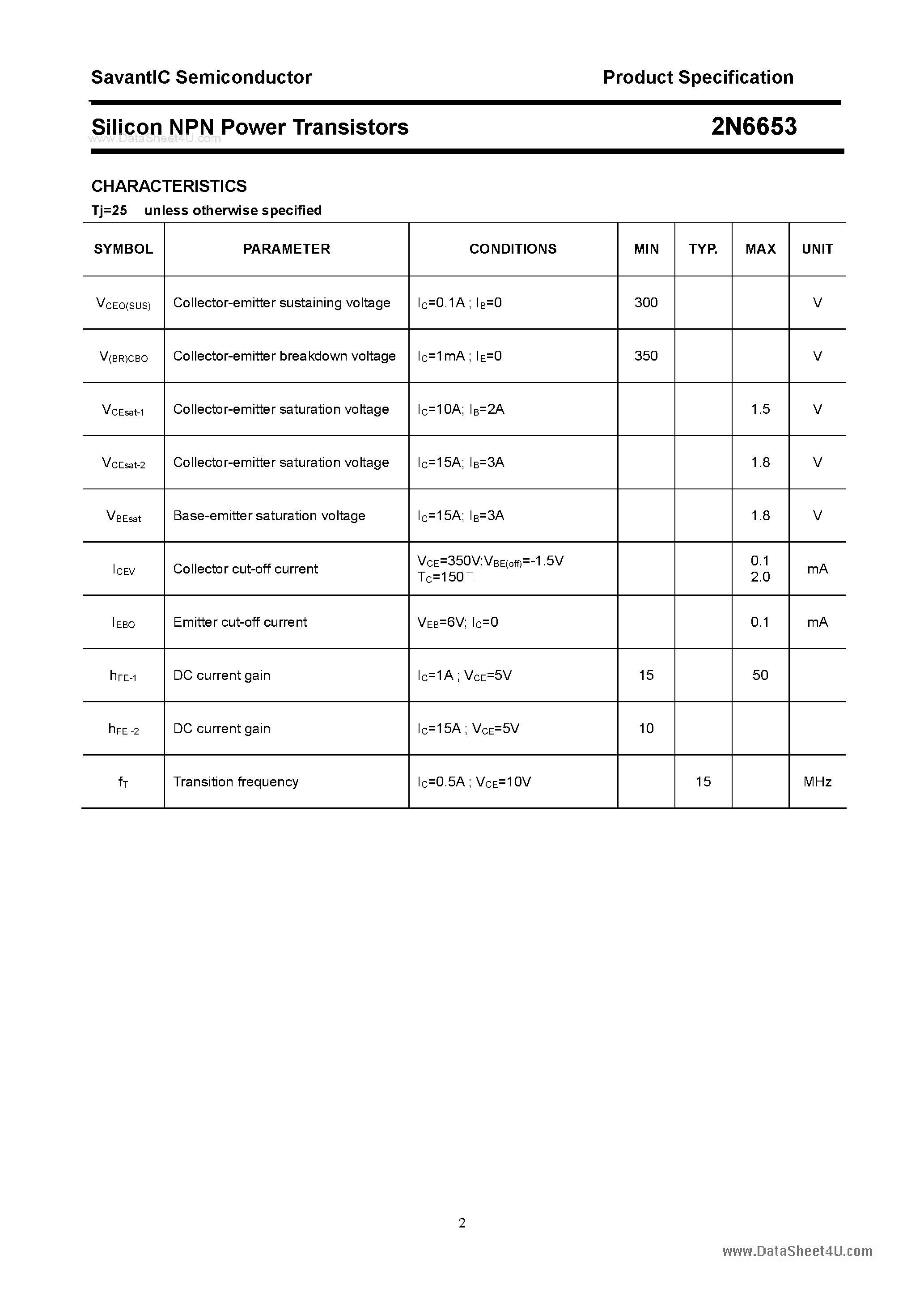 Datasheet 2N6653 - Silicon Power Transistor page 2