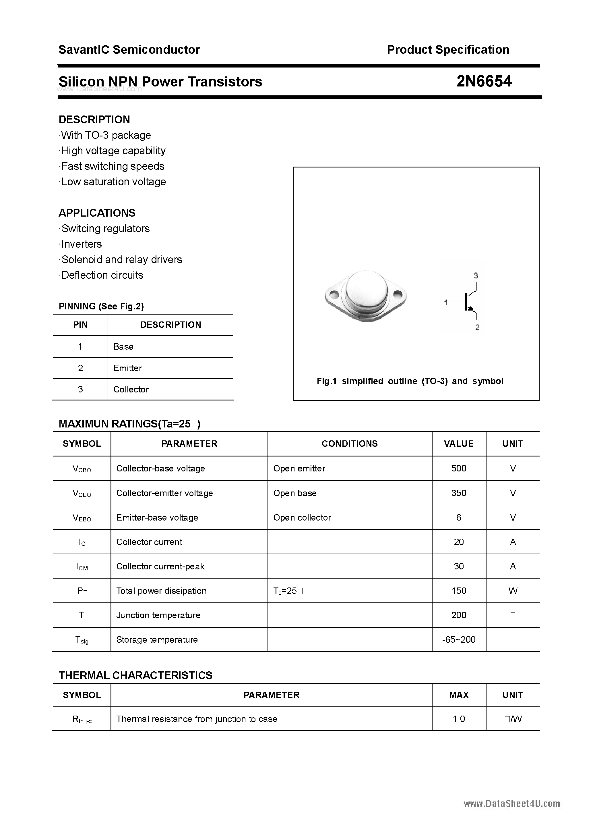 Datasheet 2N6654 - Silicon Power Transistor page 1