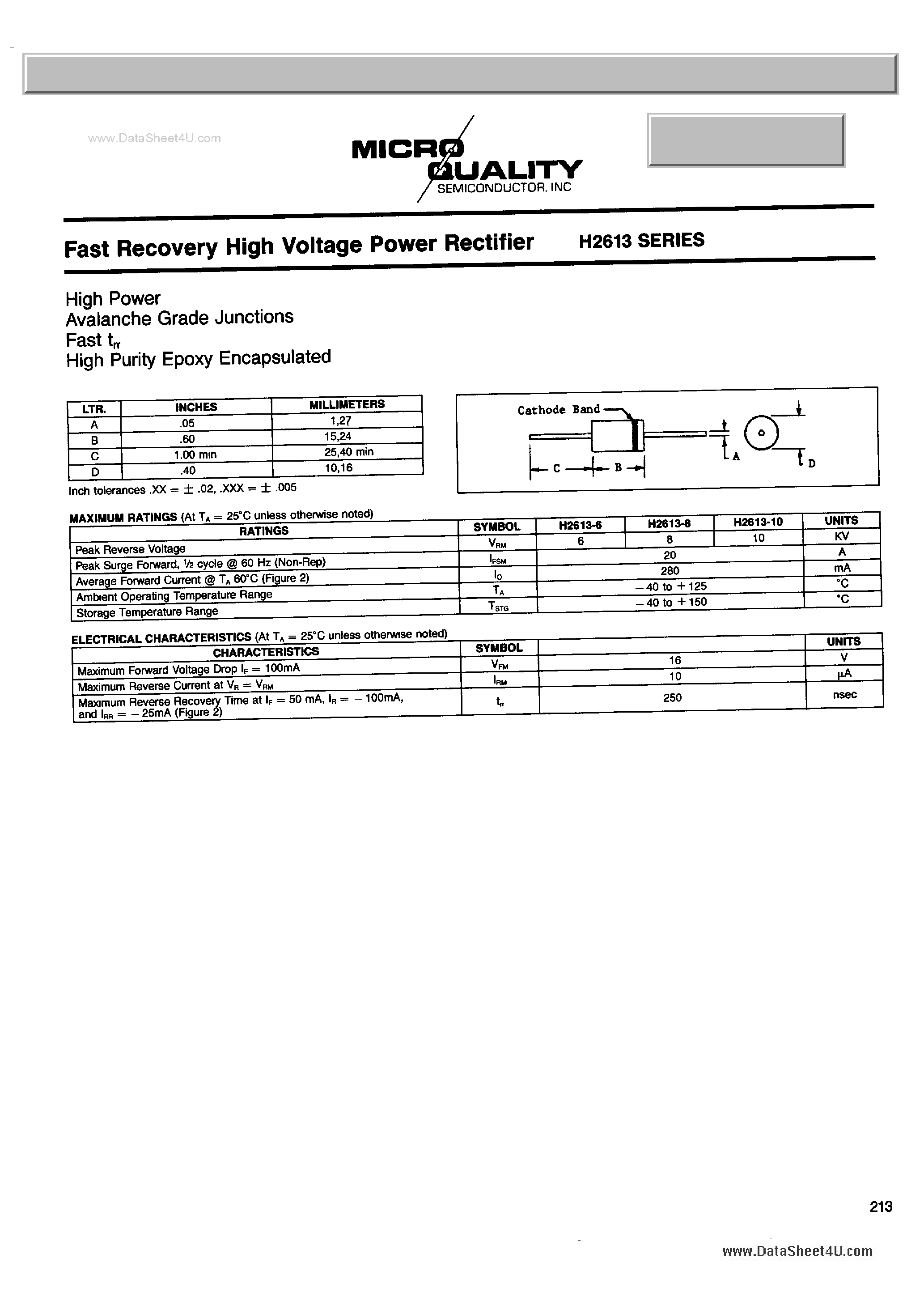 Datasheet H2613 page 1 Datasheet H2613 - Fast Recovery High Voltage Power Rectifier page 1