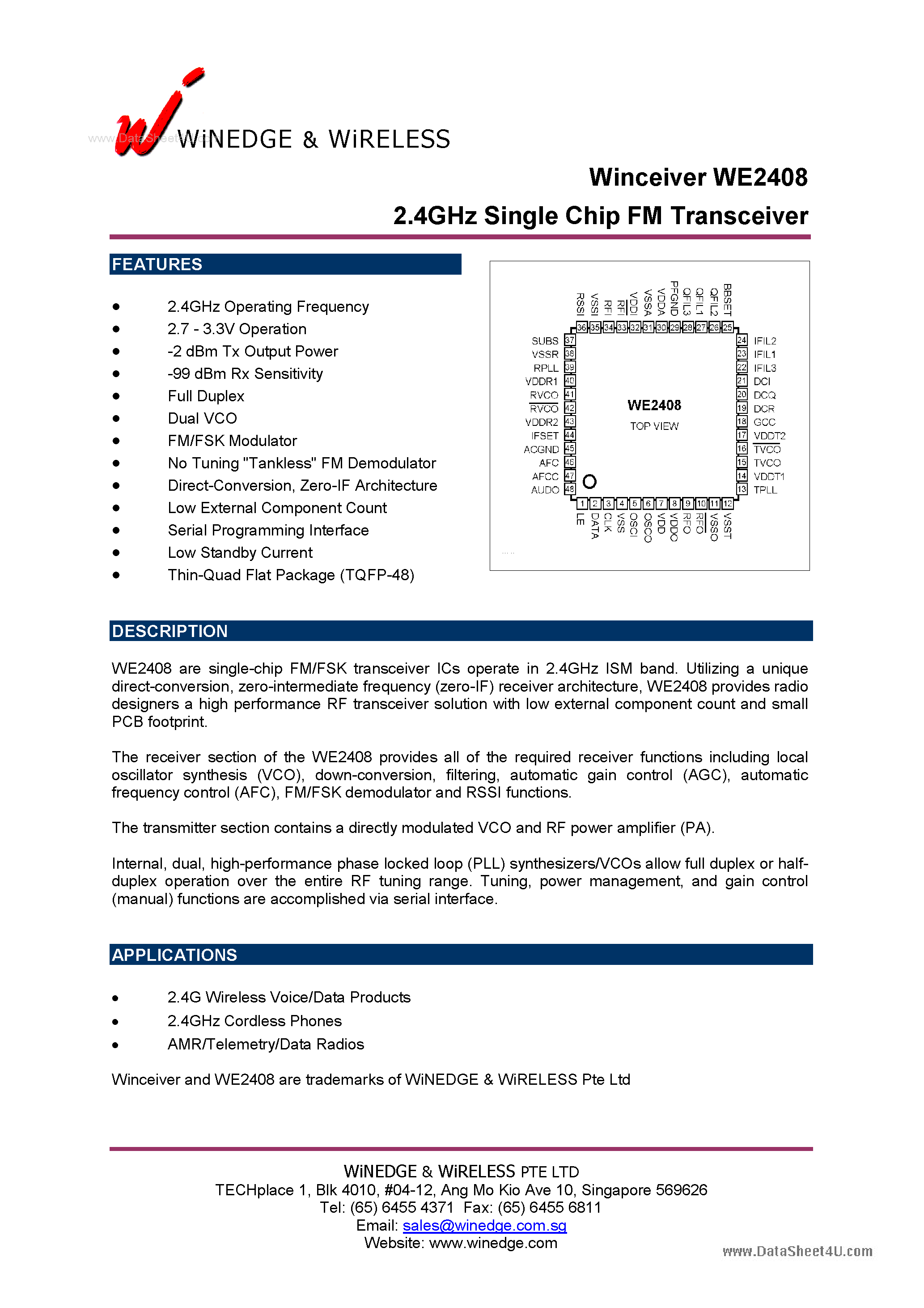 Datasheet WE2408 - 2.4GHz Single Chip FM Transceiver page 1