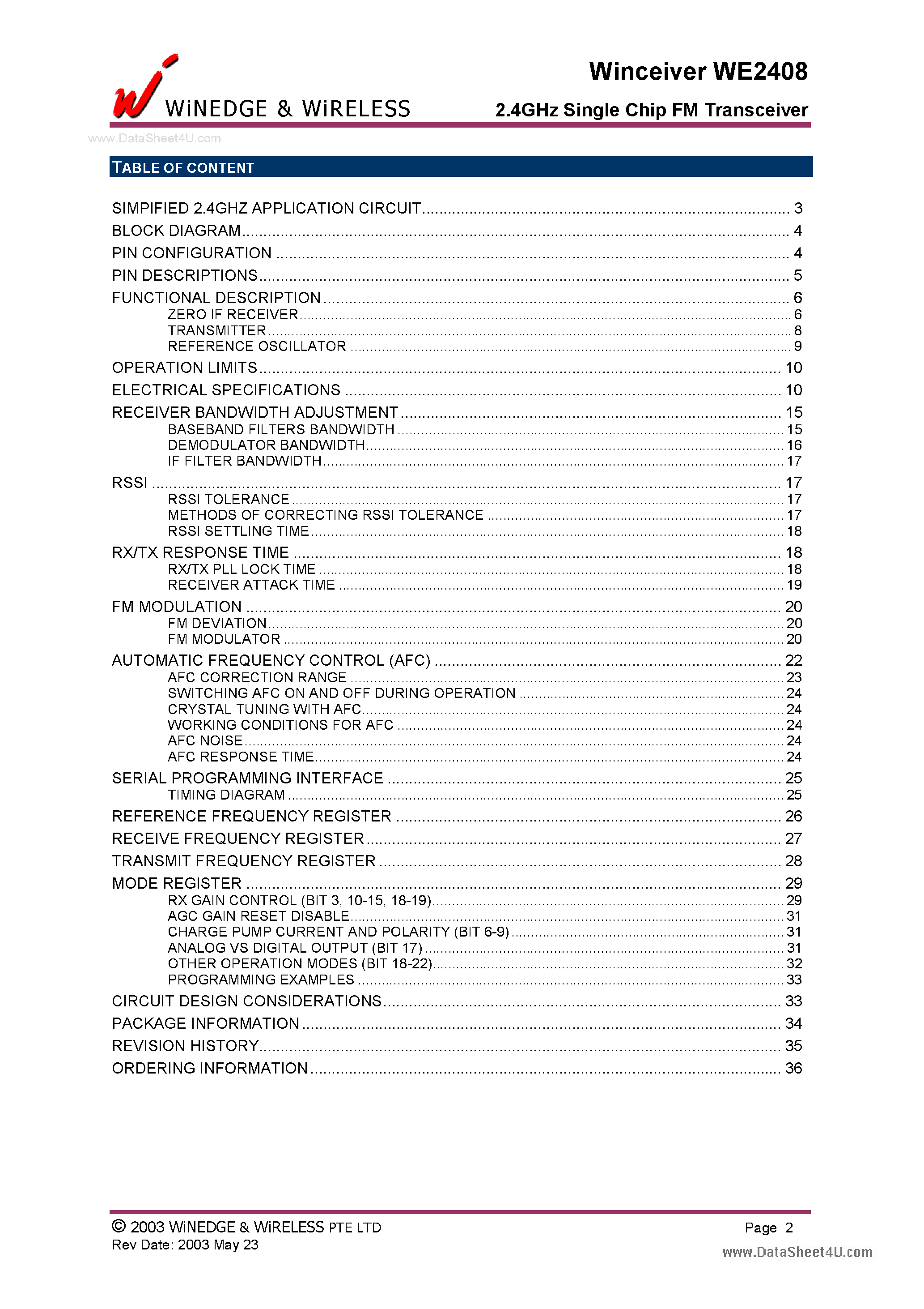 Datasheet WE2408 - 2.4GHz Single Chip FM Transceiver page 2