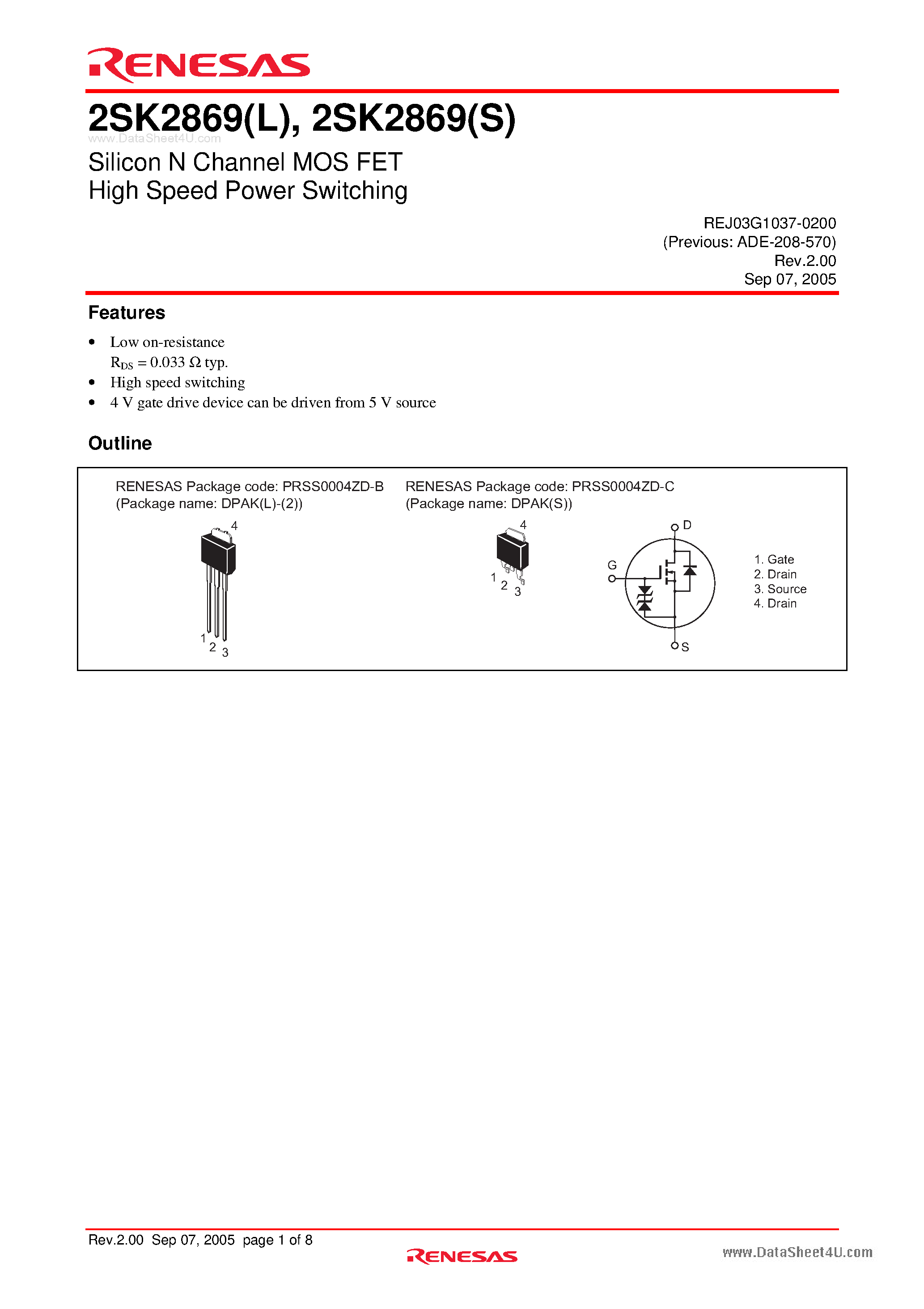 Datasheet 2SK2869 - Silicon N Channel MOS FET High Speed Power Switching page 1