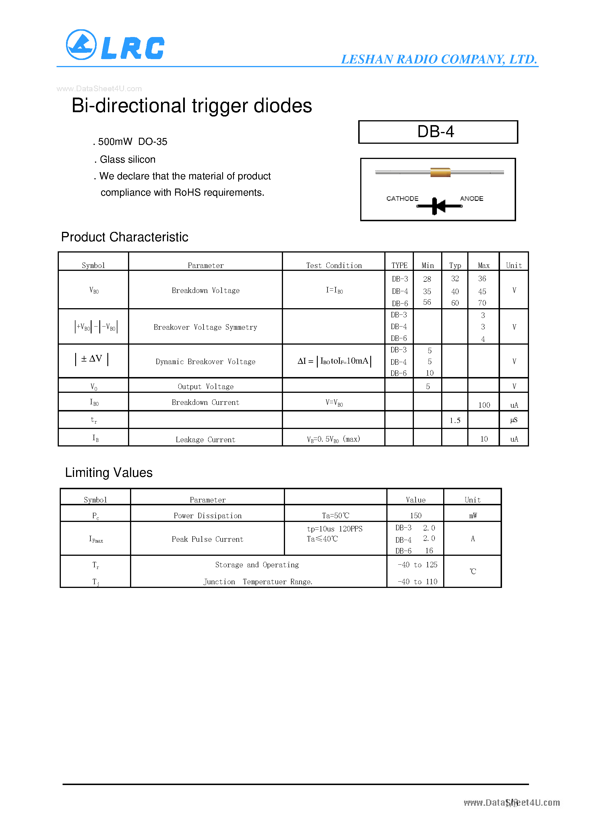 Datasheet DB-4 page 1 Datasheet DB-4 - Bi-directional trigger diodes page 1