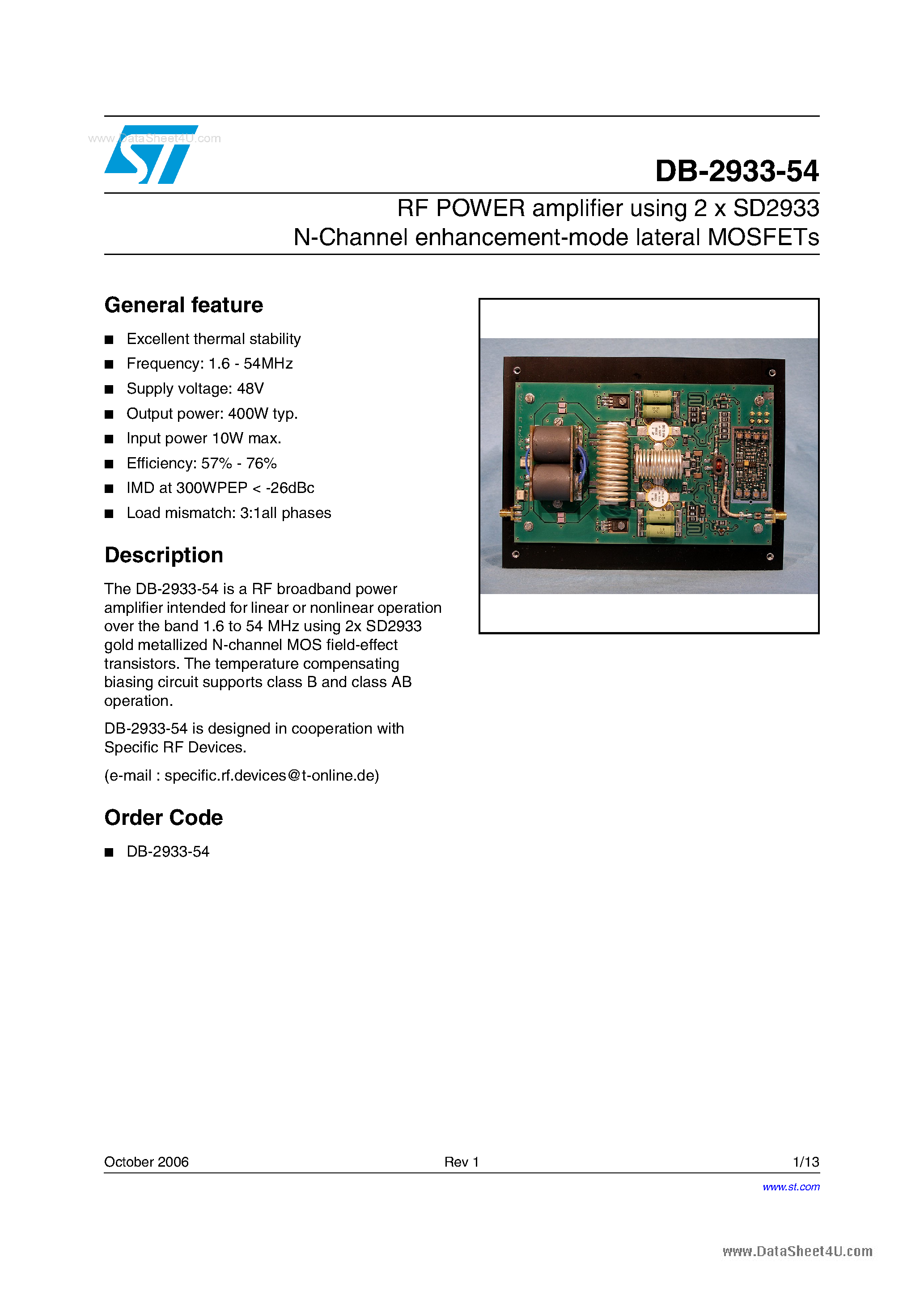 Datasheet DB-2933-54 - RF POWER amplifier using 2 x SD2933 N-Channel enhancement-mode lateral MOSFETs page 1