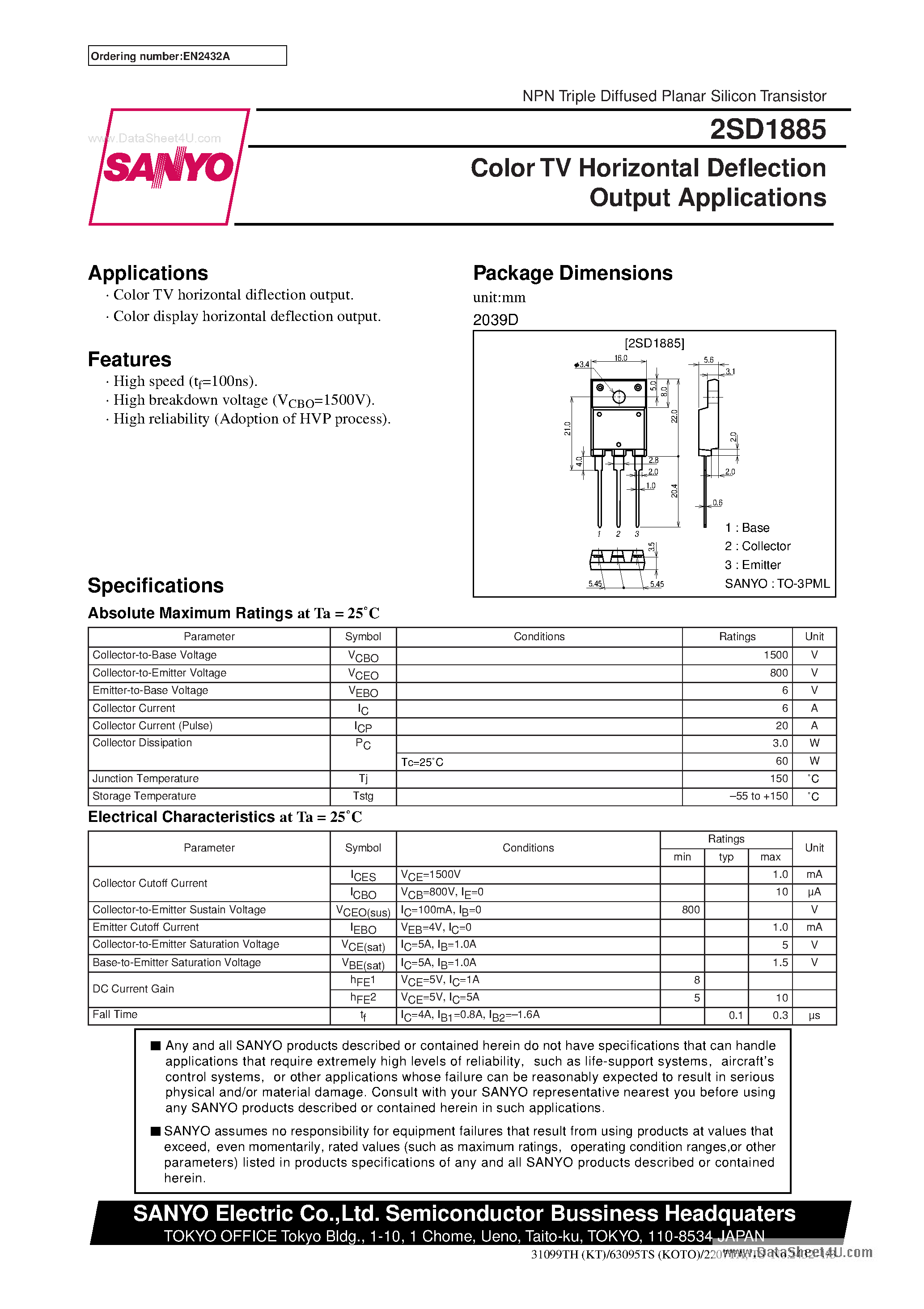 Datasheet D1885 - Search -----> 2SD1885 page 1